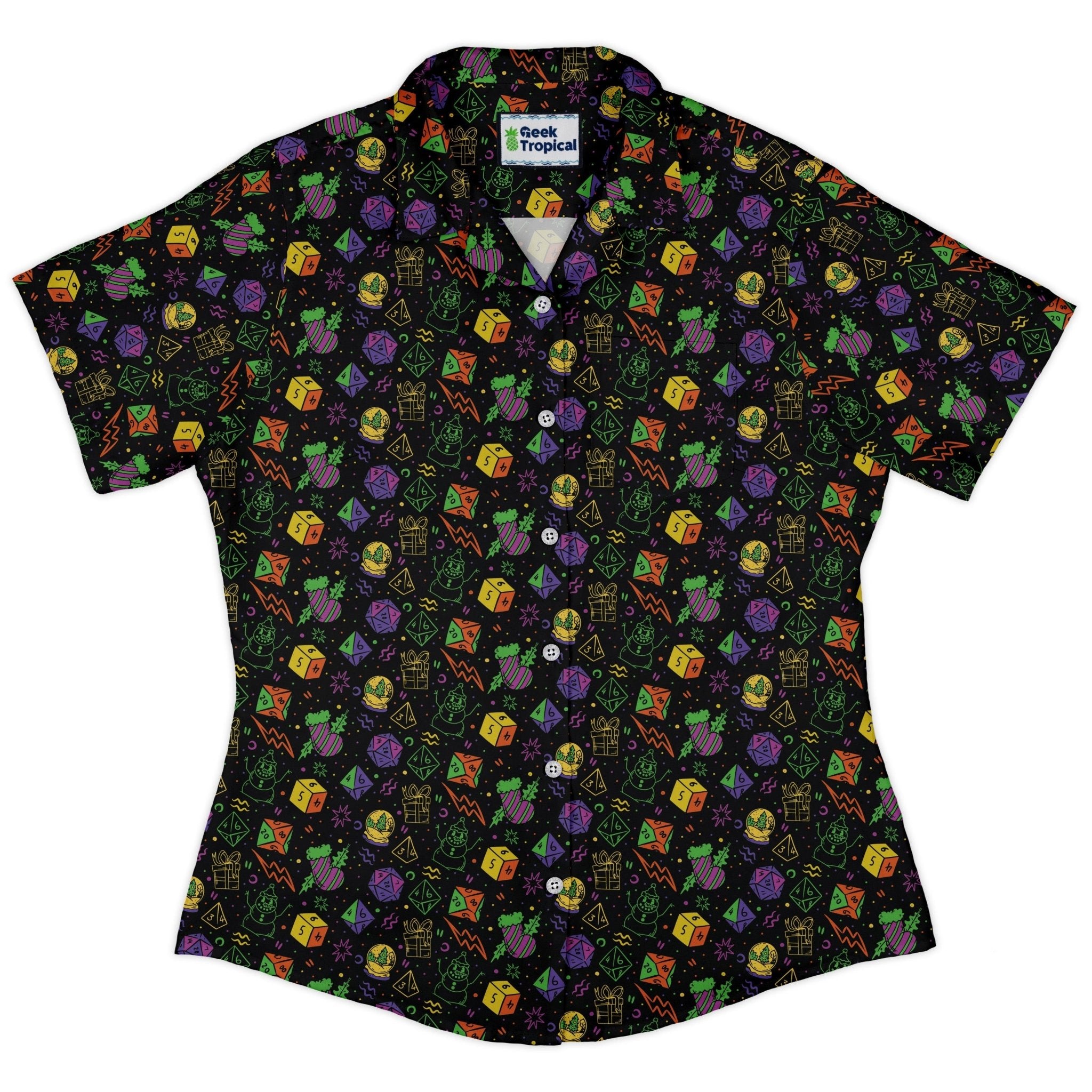 Dnd RPG Christmas Black Curvy Button Up Shirt Geek Nerd Christmas Print dnd & rpg print women