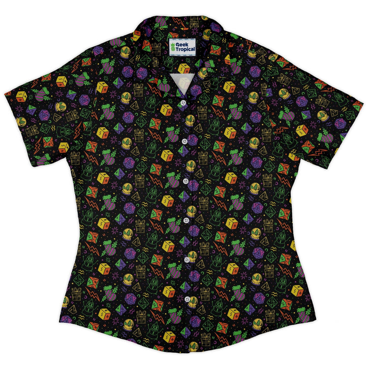 Dnd RPG Christmas Black Curvy Button Up Shirt Geek Nerd Christmas Print dnd & rpg print women