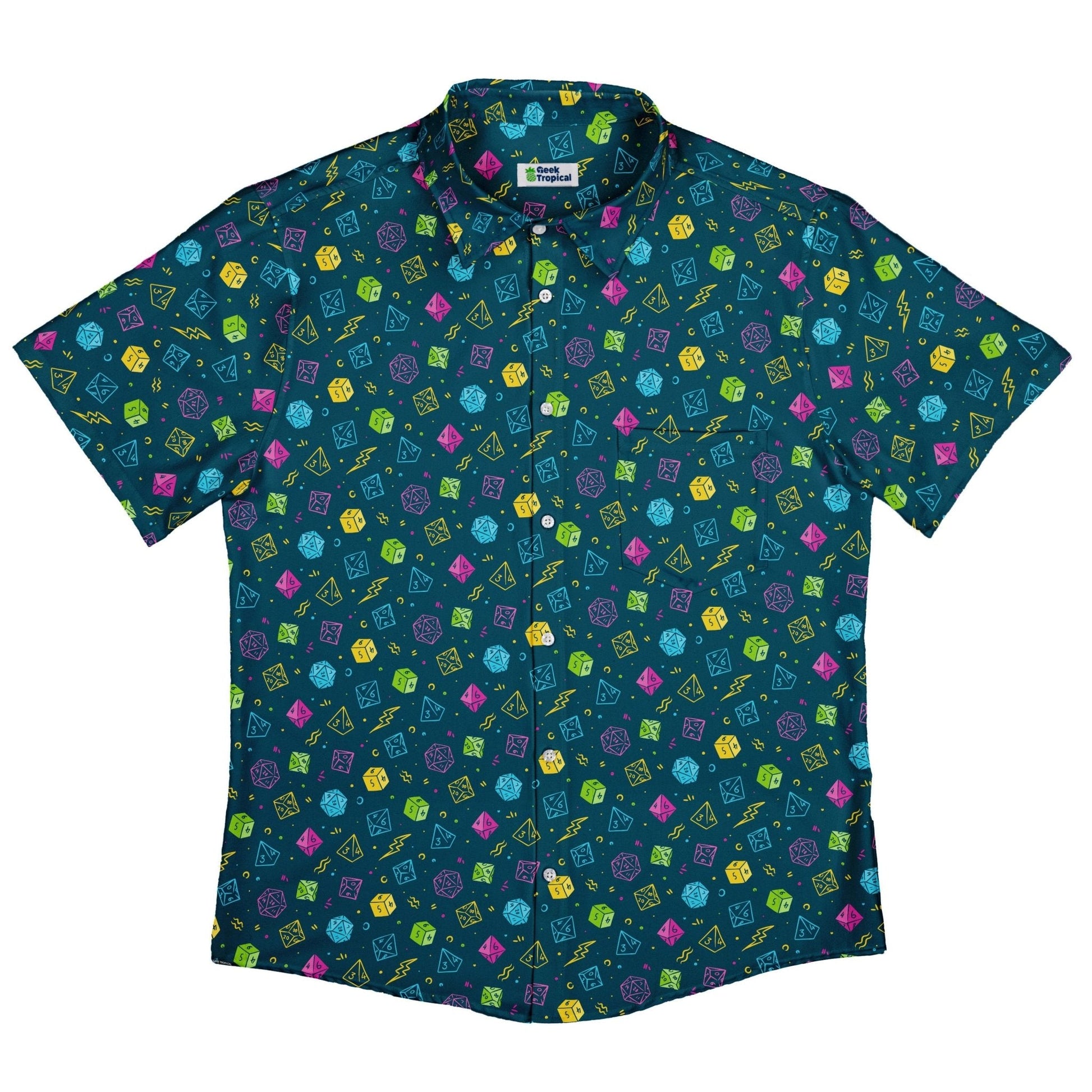 Ready-to-Ship Dnd RPG Dice Blue Button Up Shirt - adult sizing - dnd & rpg print - Maximalist Patterns
