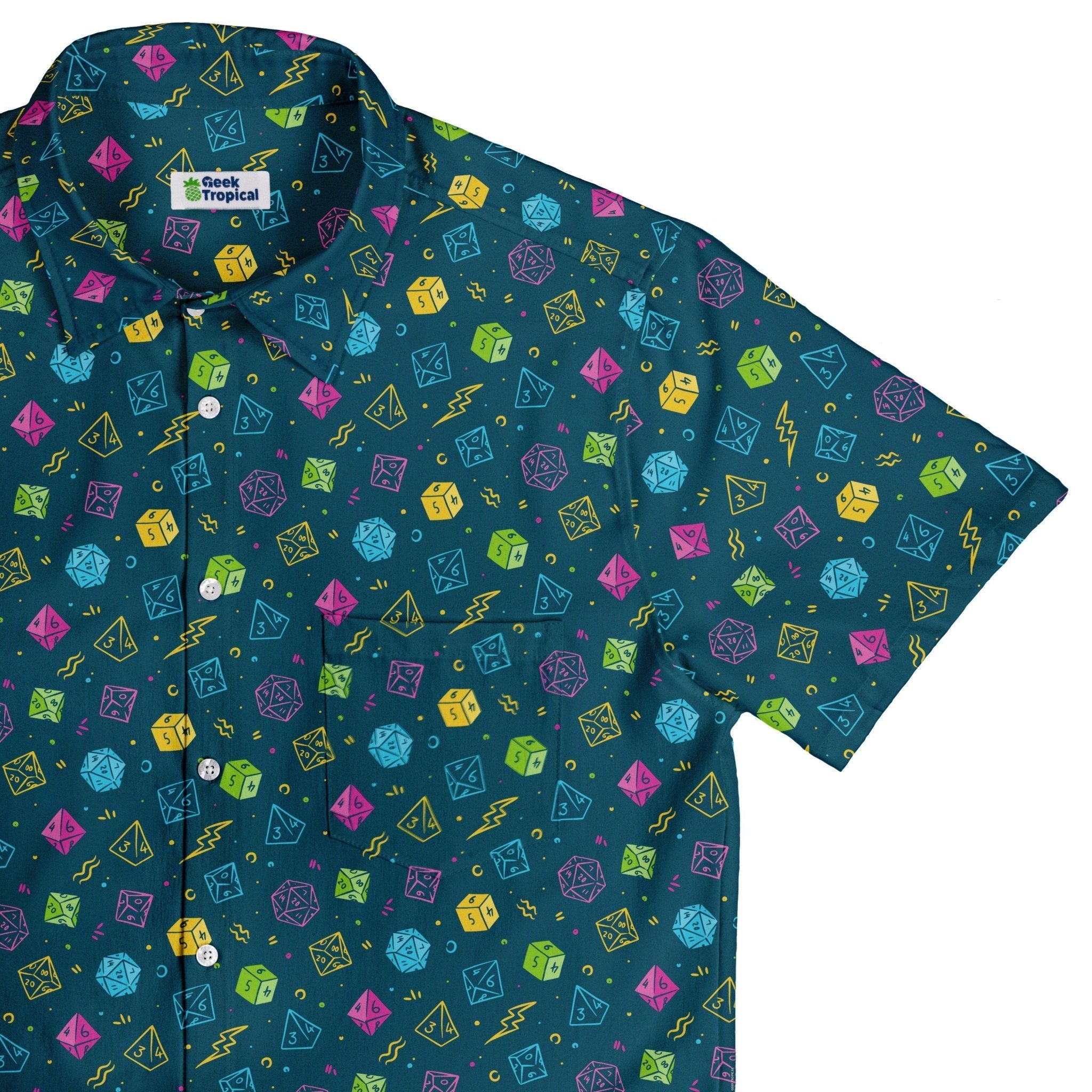Ready-to-Ship Dnd RPG Dice Blue Button Up Shirt - adult sizing - dnd & rpg print - Maximalist Patterns