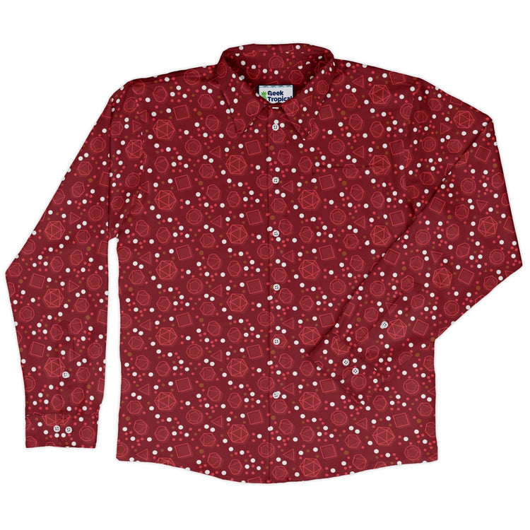 Dnd Red Dice Sets Long Sleeve Button Up Shirt Geek Nerd adult sizing Design by Heather Davenport dnd & rpg print
