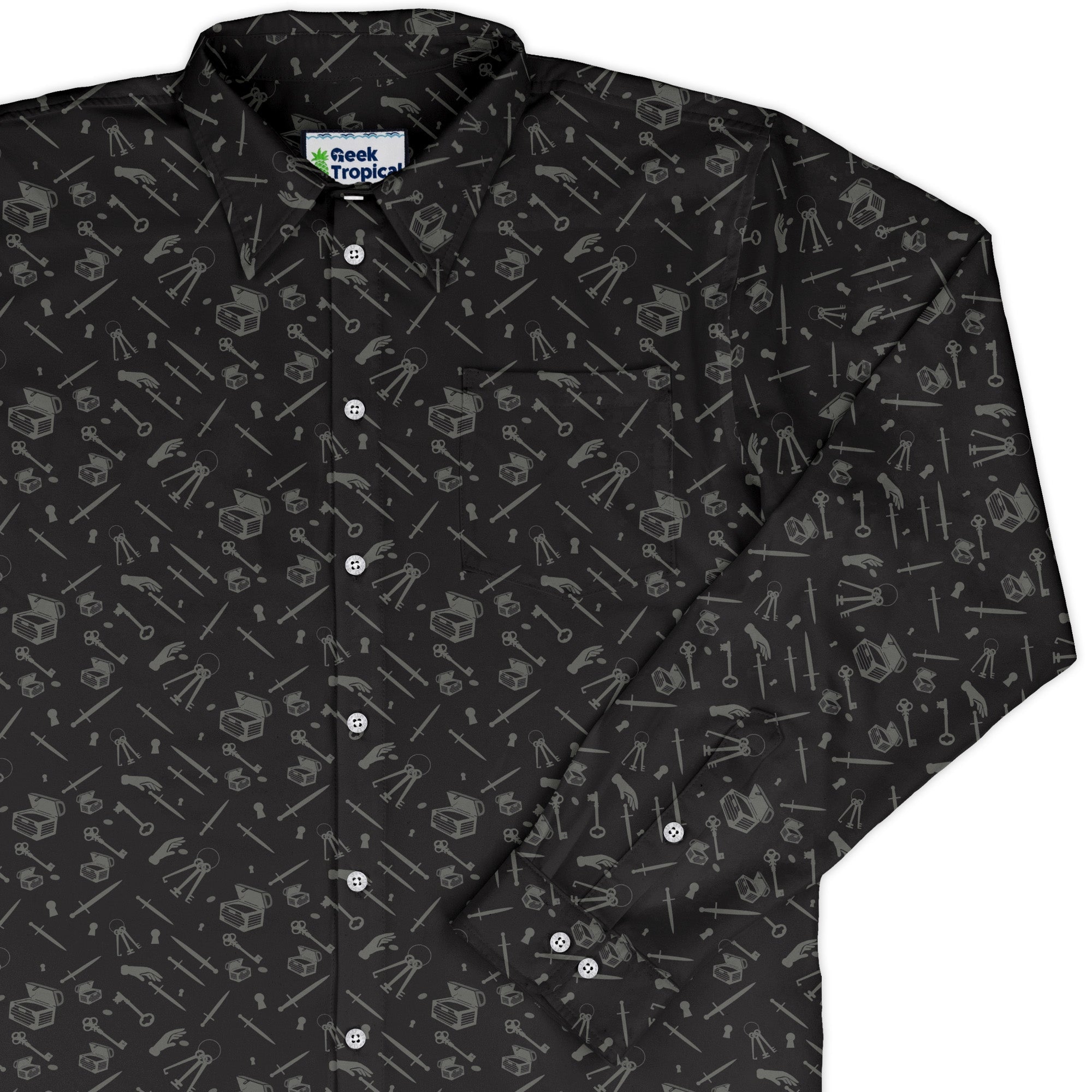 Dnd Rogue Class Long Sleeve Button Up Shirt Geek Nerd adult sizing Design by Heather Davenport dnd & rpg print