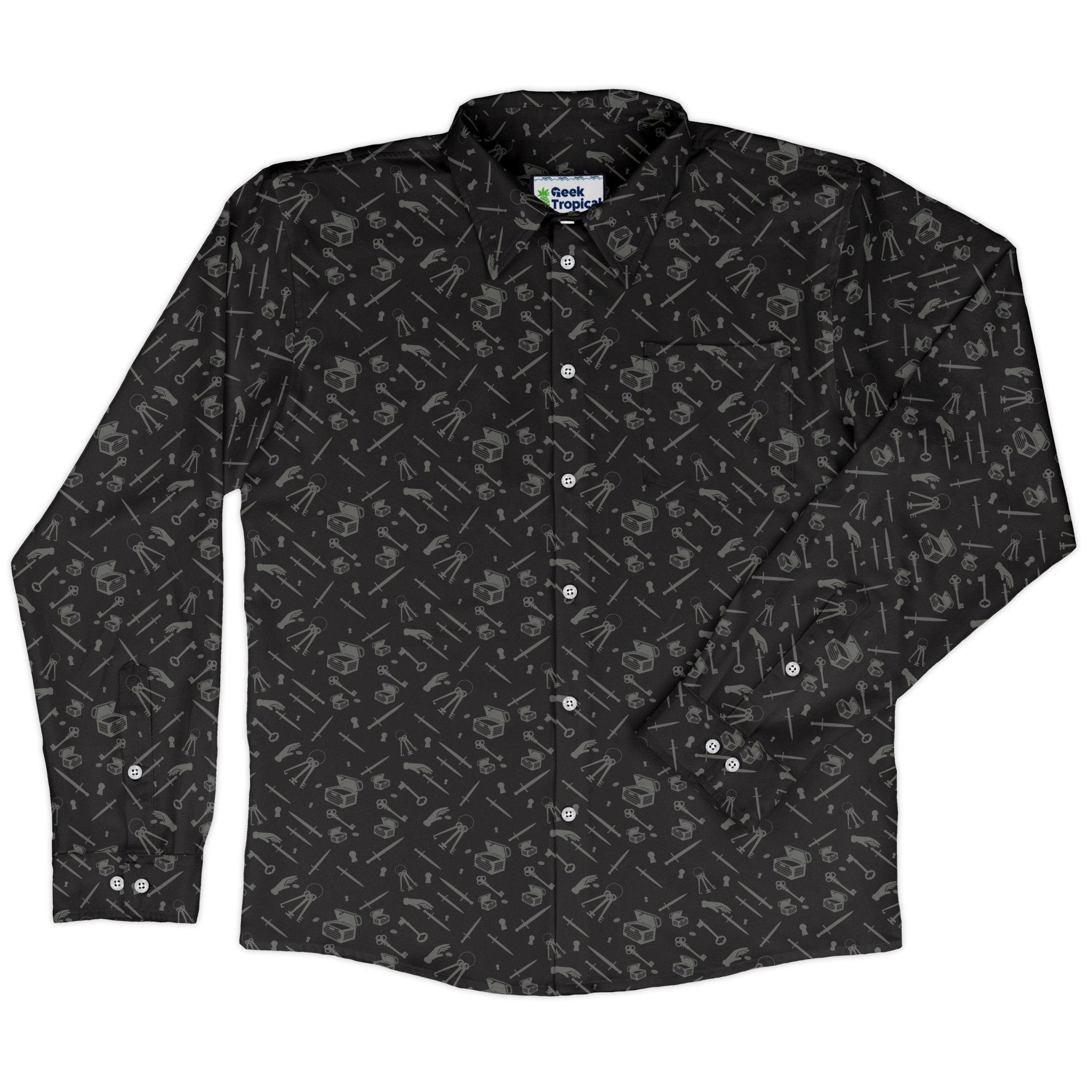 Dnd Rogue Class Long Sleeve Button Up Shirt Geek Nerd adult sizing Design by Heather Davenport dnd & rpg print