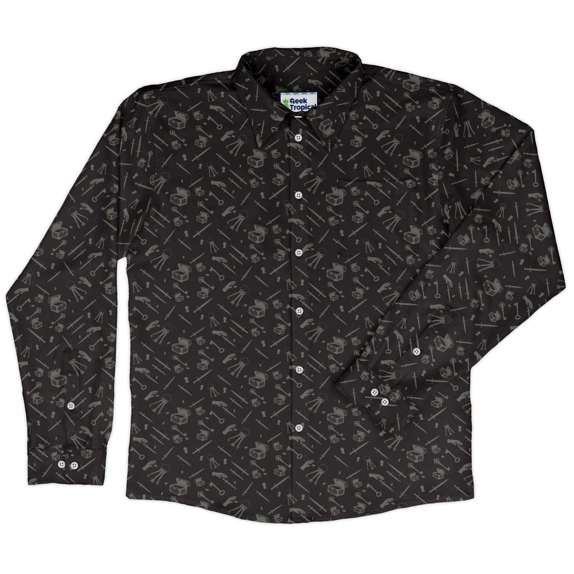 Dnd Rogue Class Long Sleeve Button Up Shirt Geek Nerd adult sizing Design by Heather Davenport dnd & rpg print