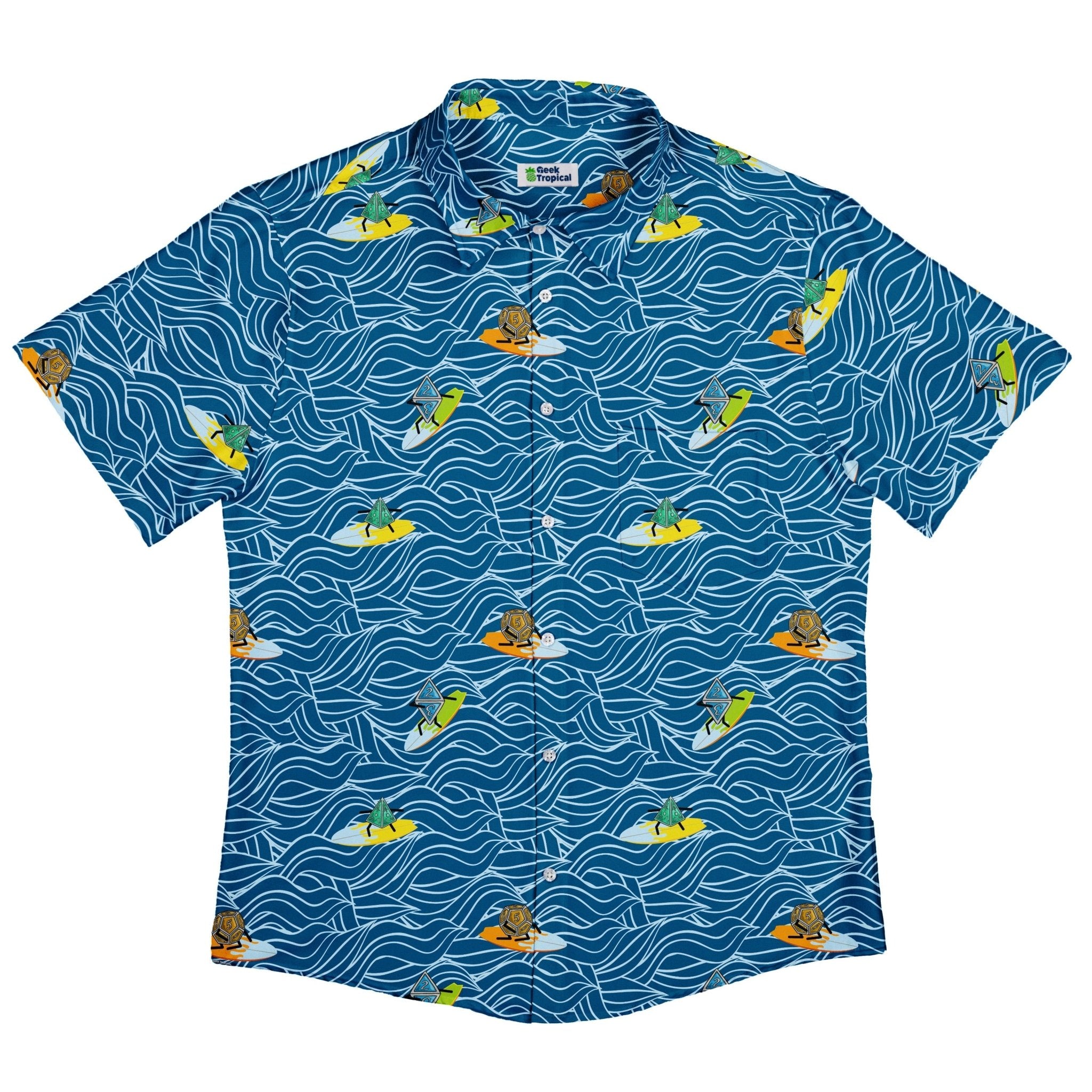 Surf and Roll Dnd Dice Button Up Shirt - adult sizing - Design by Dunking Toast - dnd & rpg print