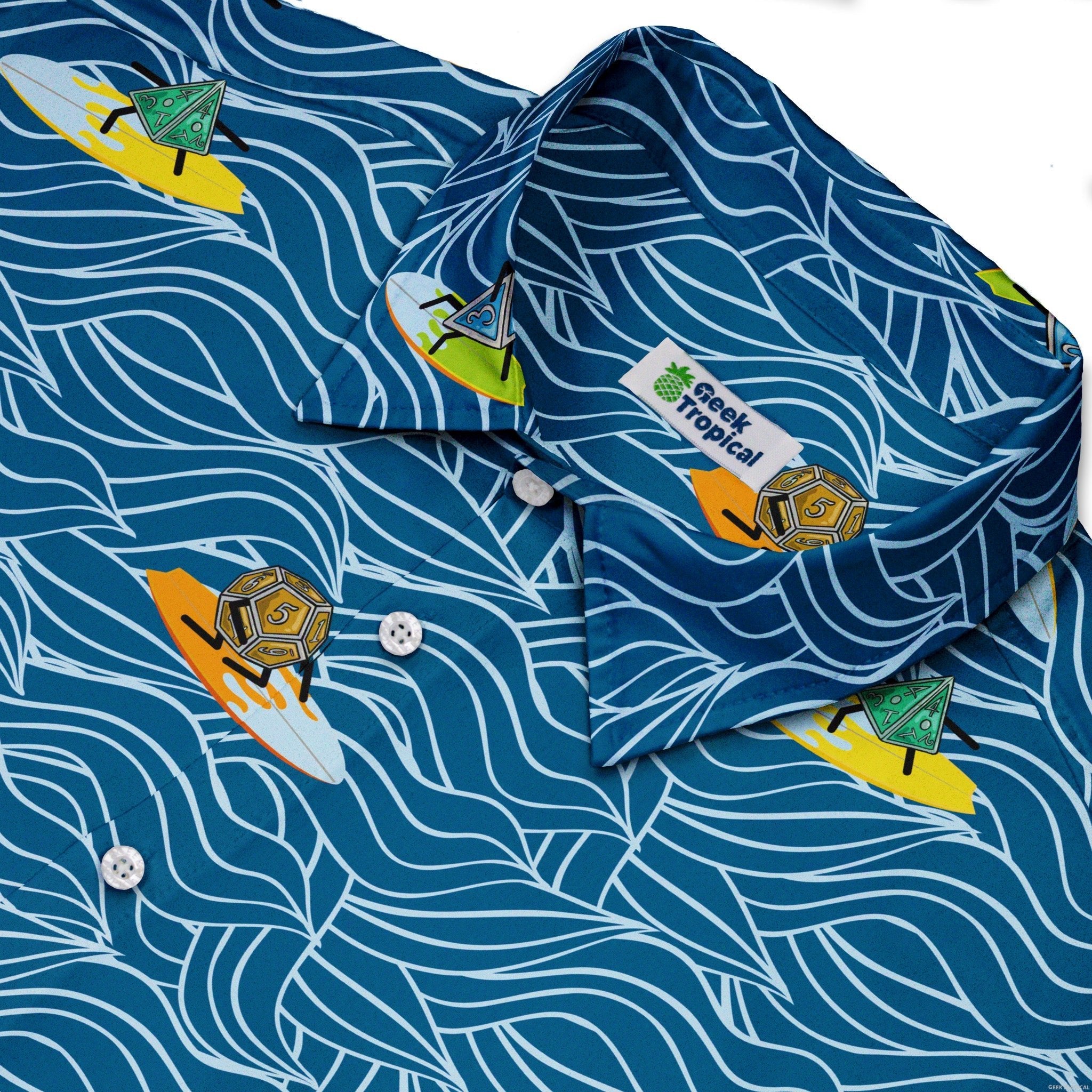 Surf and Roll Dnd Dice Button Up Shirt - adult sizing - Design by Dunking Toast - dnd & rpg print