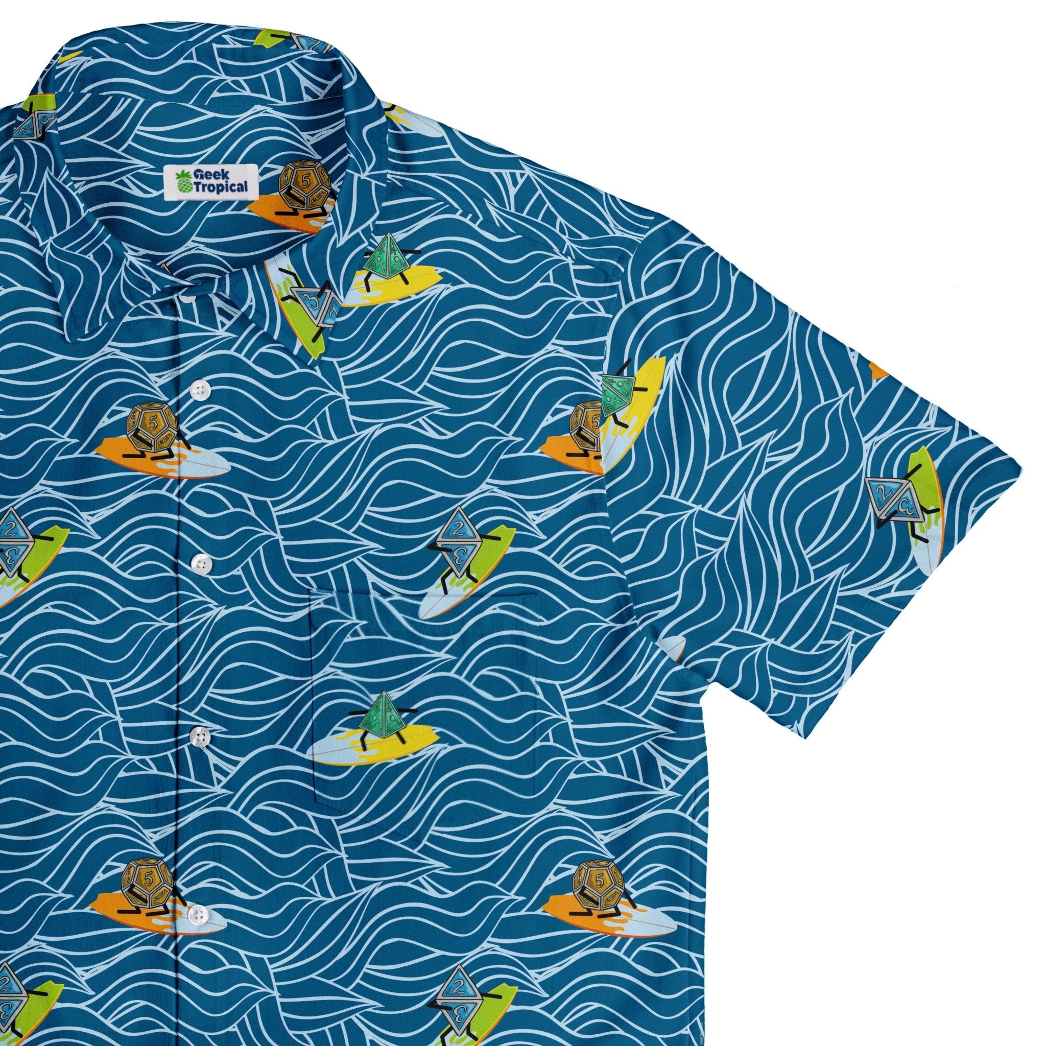 Surf and Roll Dnd Dice Button Up Shirt - adult sizing - Design by Dunking Toast - dnd & rpg print