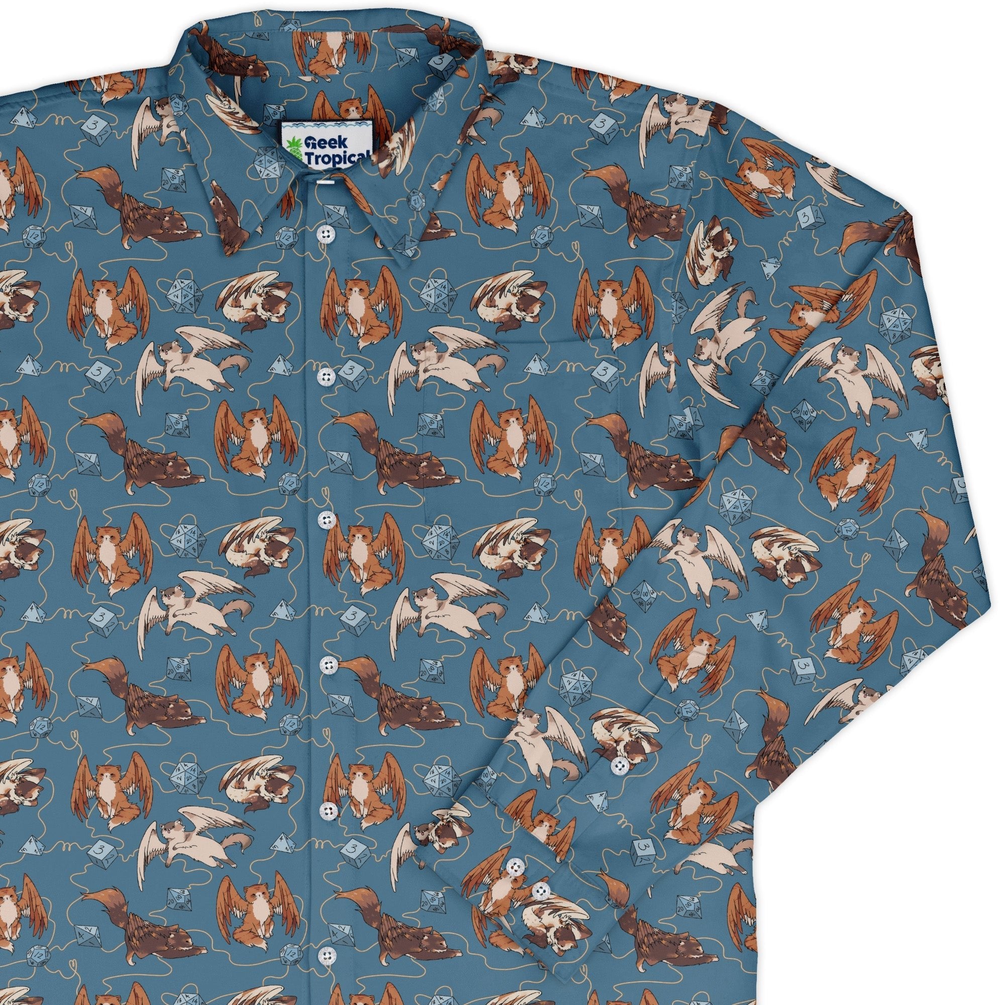 Dnd Tressym Familiars Long Sleeve Button Up Shirt Geek Nerd adult sizing Design by Ardi Tong dnd & rpg print