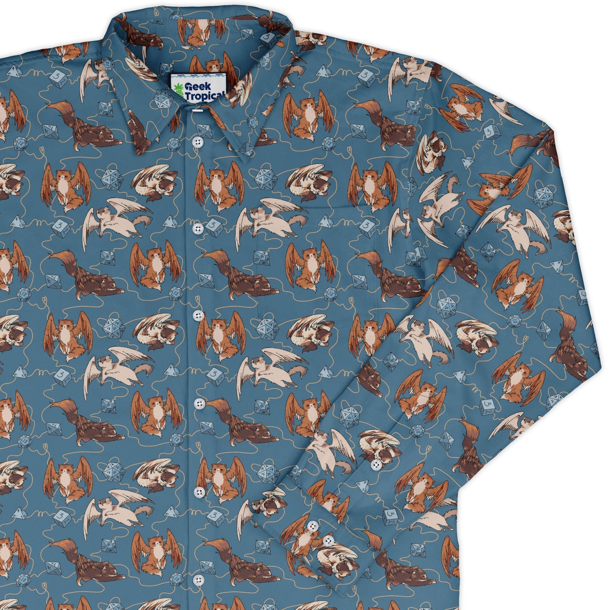 Dnd Tressym Familiars Long Sleeve Button Up Shirt Geek Nerd adult sizing Design by Ardi Tong dnd & rpg print