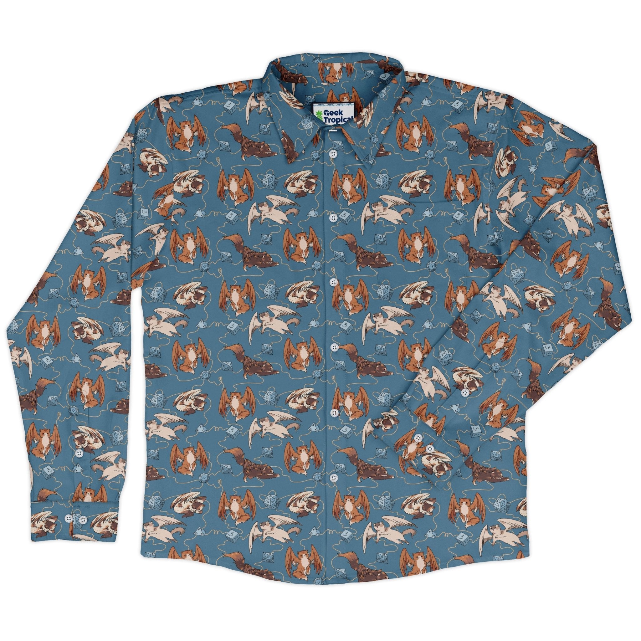 Dnd Tressym Familiars Long Sleeve Button Up Shirt Geek Nerd adult sizing Design by Ardi Tong dnd & rpg print
