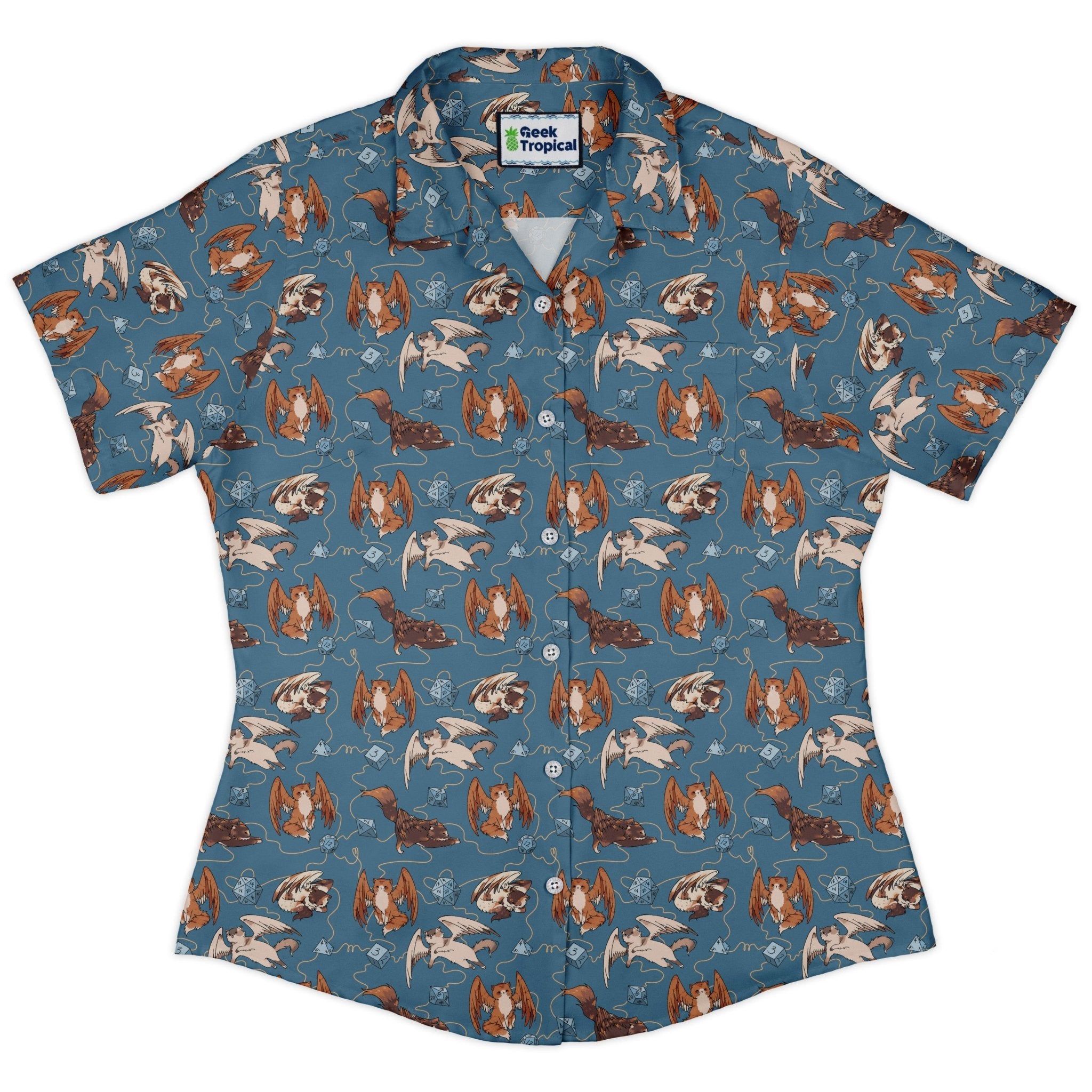 Dnd Tressym Familiars Curvy Button Up Shirt Geek Nerd Design by Ardi Tong dnd & rpg print women