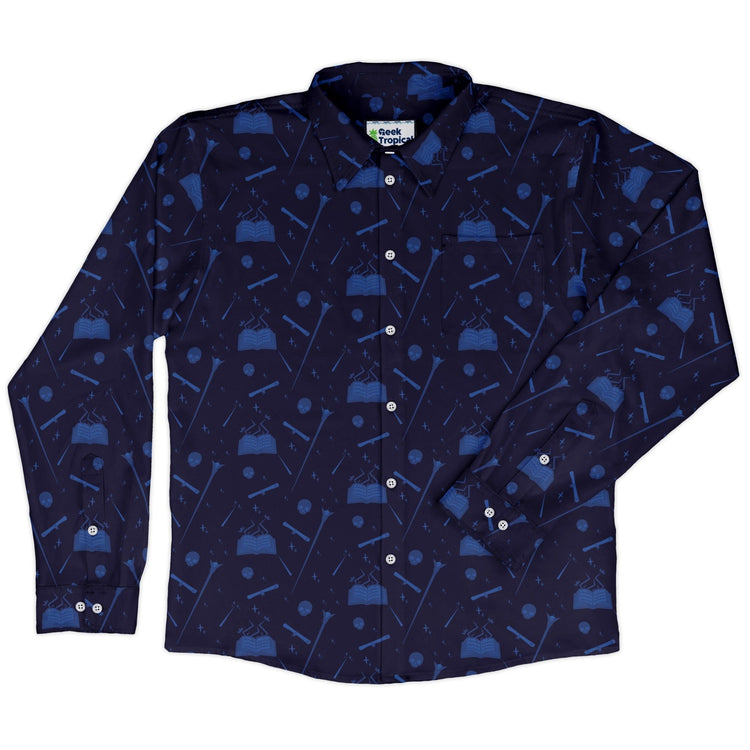 Dnd Wizard Class Long Sleeve Button Up Shirt Geek Nerd adult sizing Design by Heather Davenport dnd & rpg print