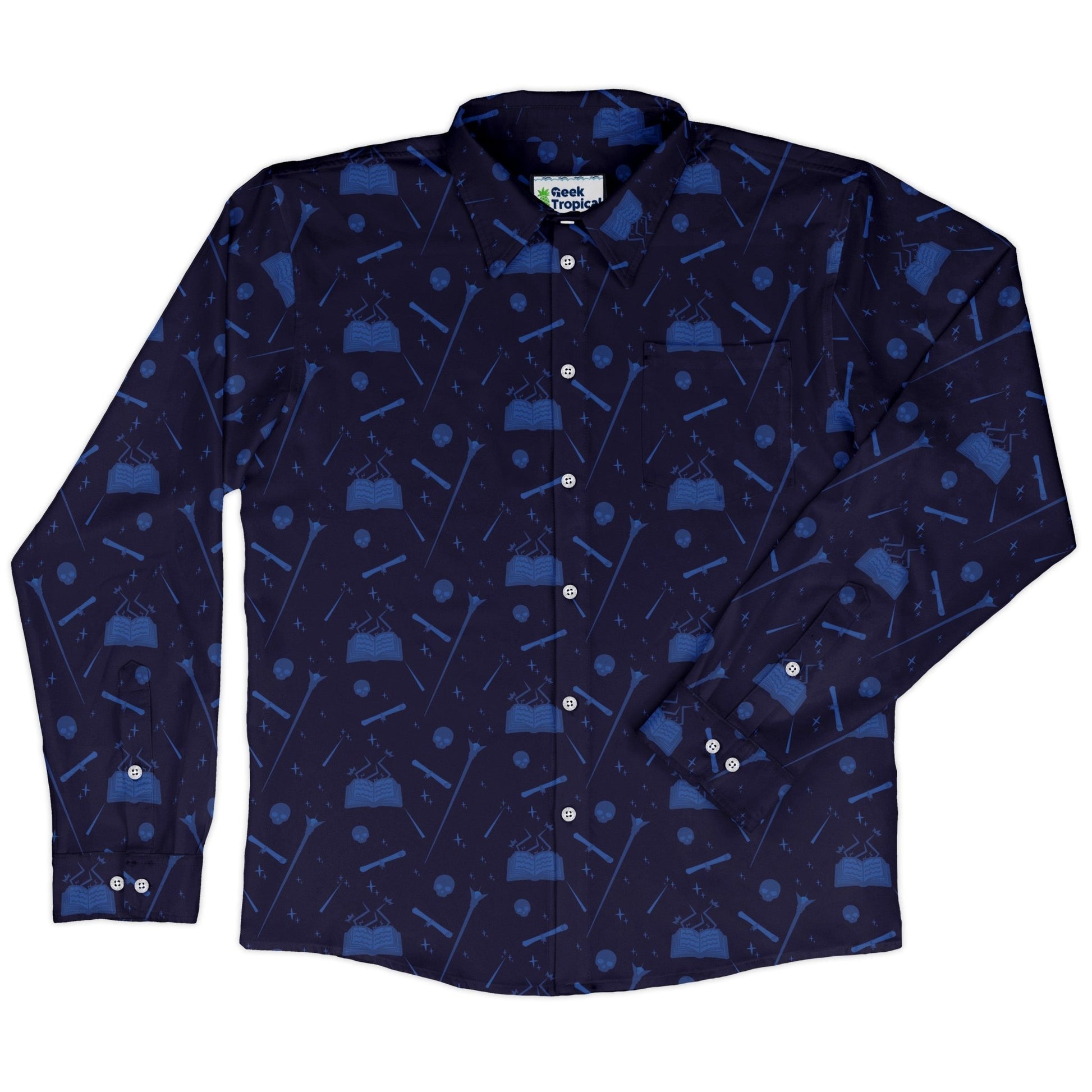 Dnd Wizard Class Long Sleeve Button Up Shirt Geek Nerd adult sizing Design by Heather Davenport dnd & rpg print