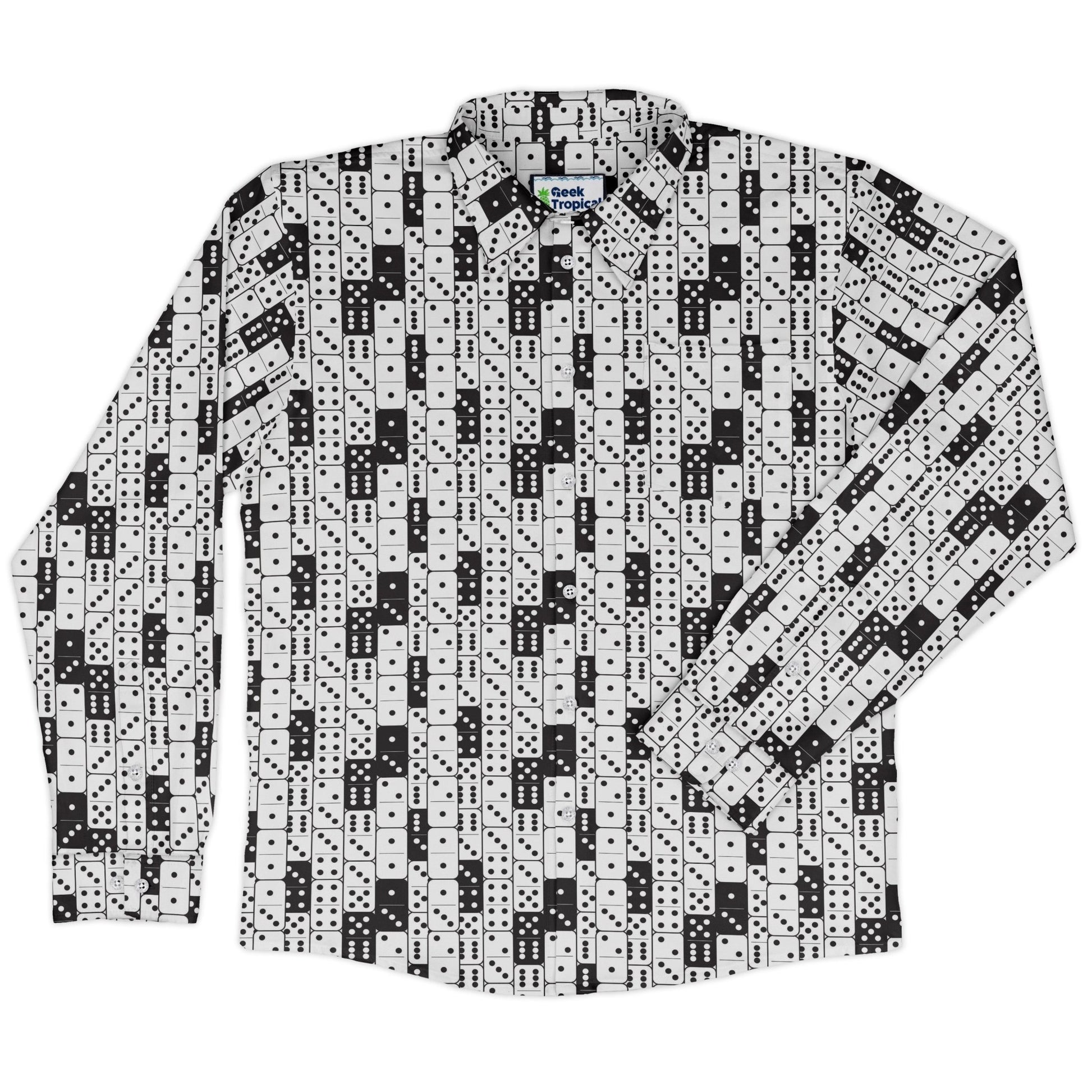 Dominos Long Sleeve Button Up Shirt Geek Nerd adult sizing board game print Design by Heather Davenport