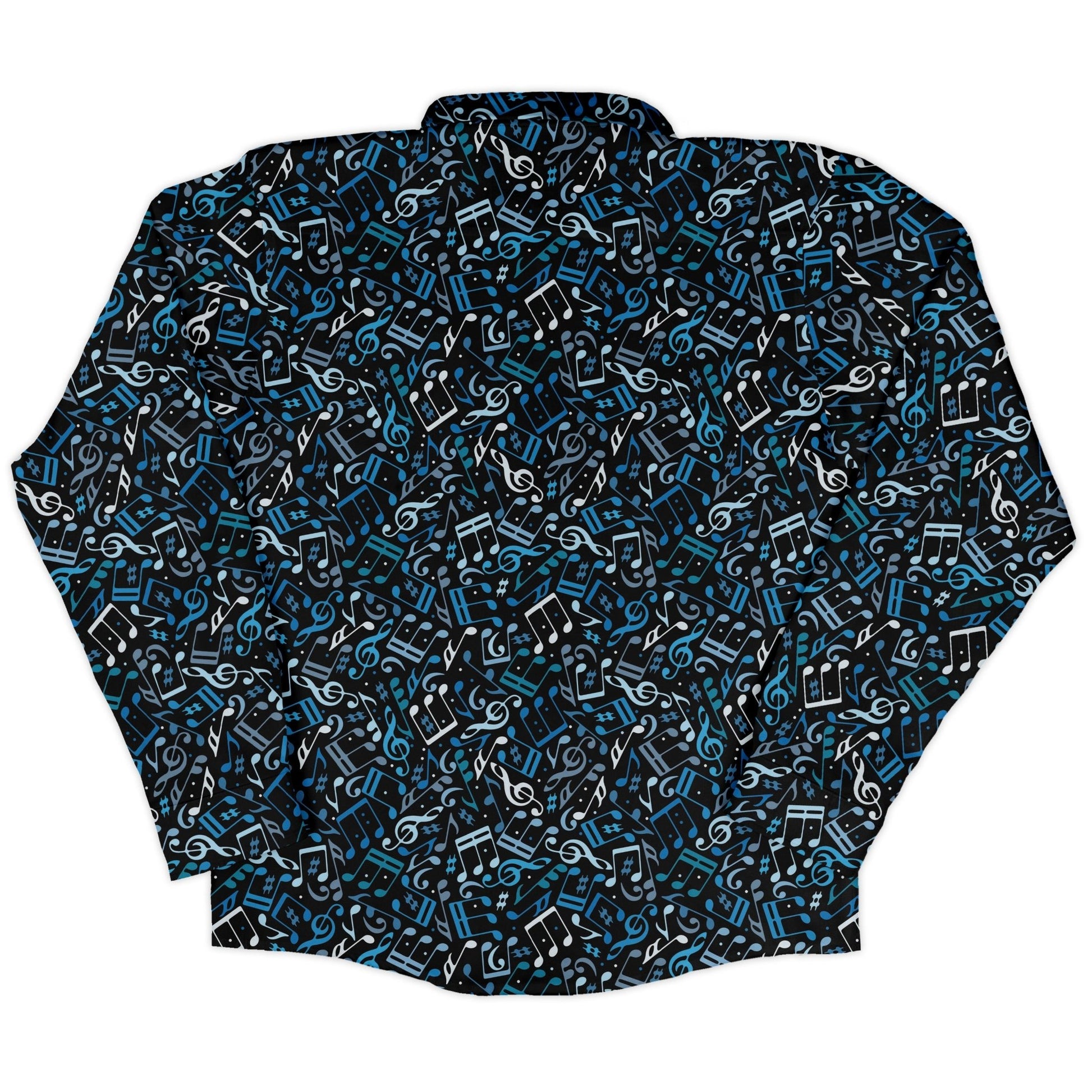 Dotted Blue Musical Notes Black Long Sleeve Button Up Shirt Geek Nerd adult sizing FLOW DESC WRITING lifestyle photo