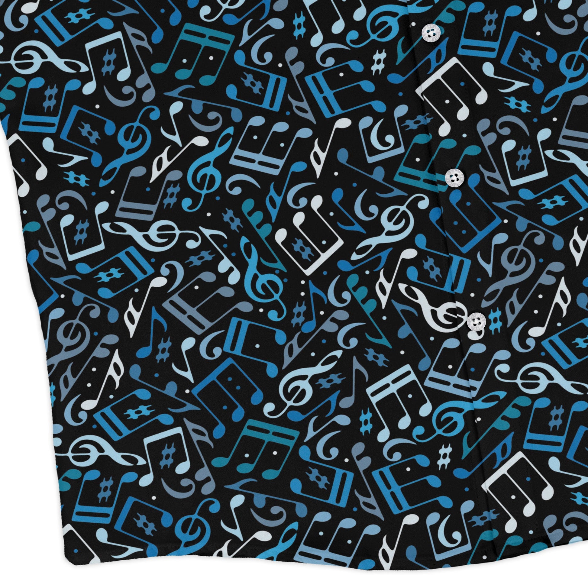 Dotted Blue Musical Notes Black Long Sleeve Button Up Shirt Geek Nerd adult sizing FLOW DESC WRITING lifestyle photo