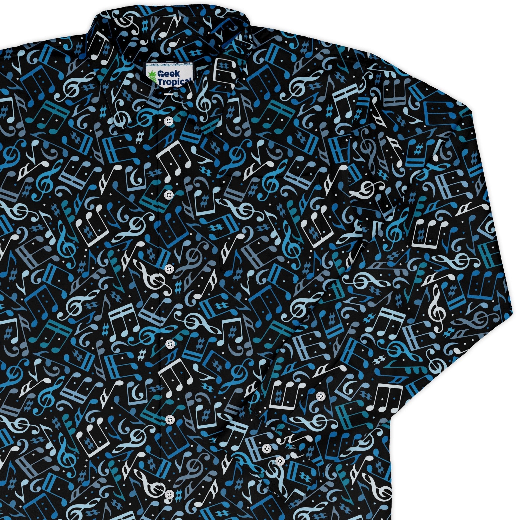 Dotted Blue Musical Notes Black Long Sleeve Button Up Shirt Geek Nerd adult sizing FLOW DESC WRITING lifestyle photo