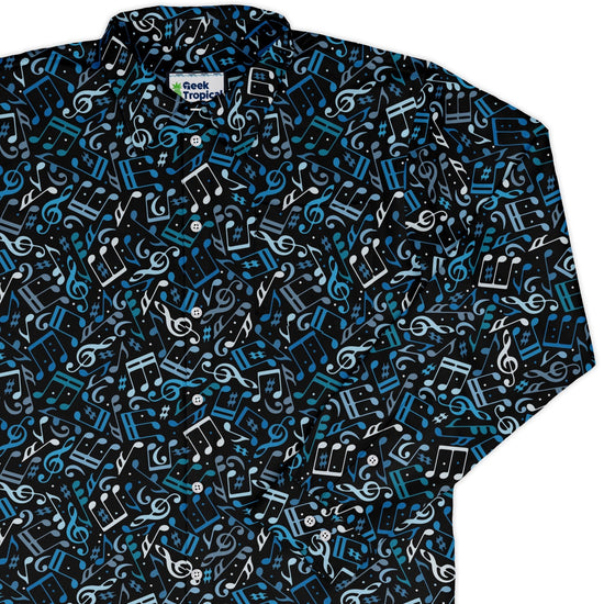 Dotted Blue Musical Notes Black Long Sleeve Button Up Shirt Geek Nerd adult sizing FLOW DESC WRITING lifestyle photo