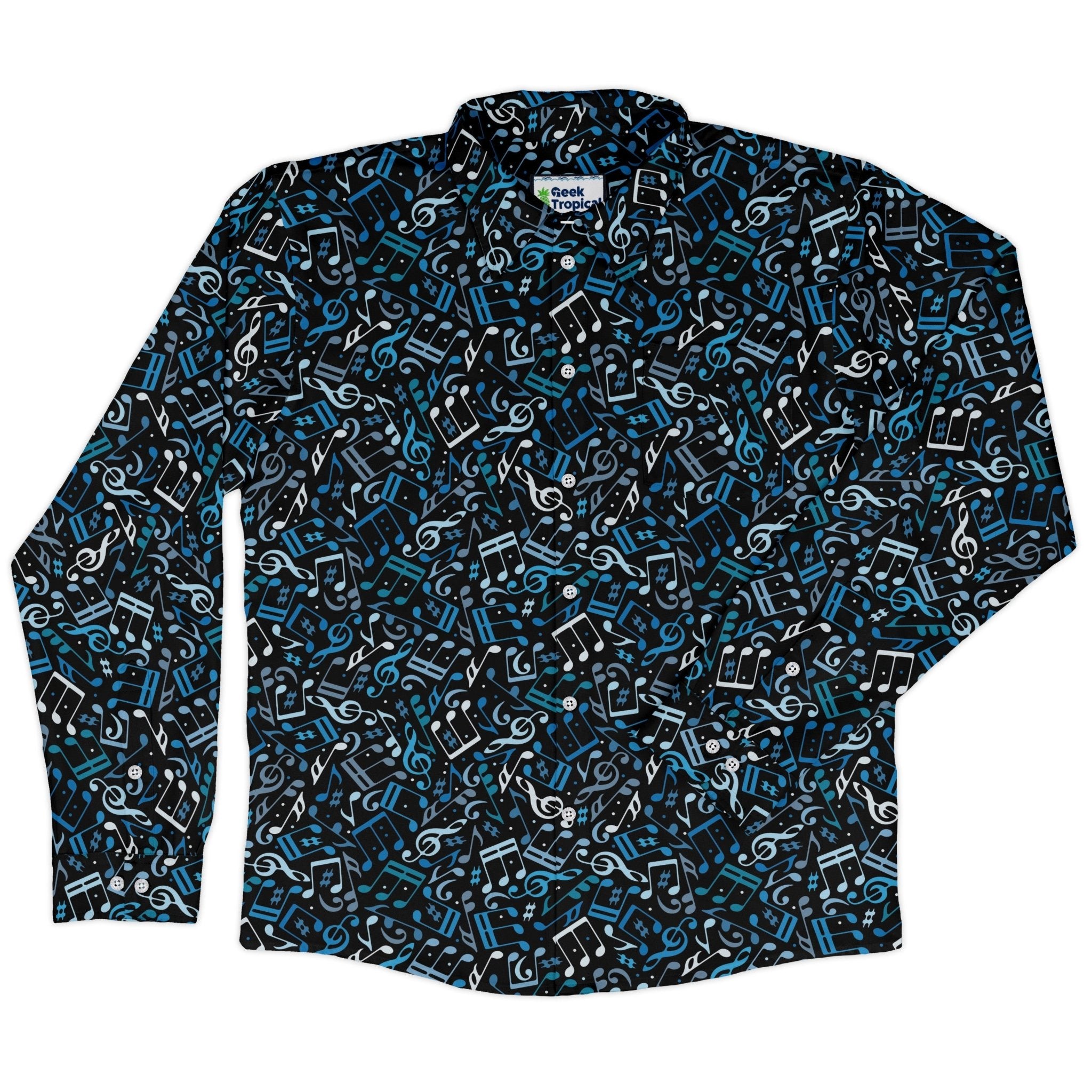 Dotted Blue Musical Notes Black Long Sleeve Button Up Shirt Geek Nerd adult sizing FLOW DESC WRITING lifestyle photo