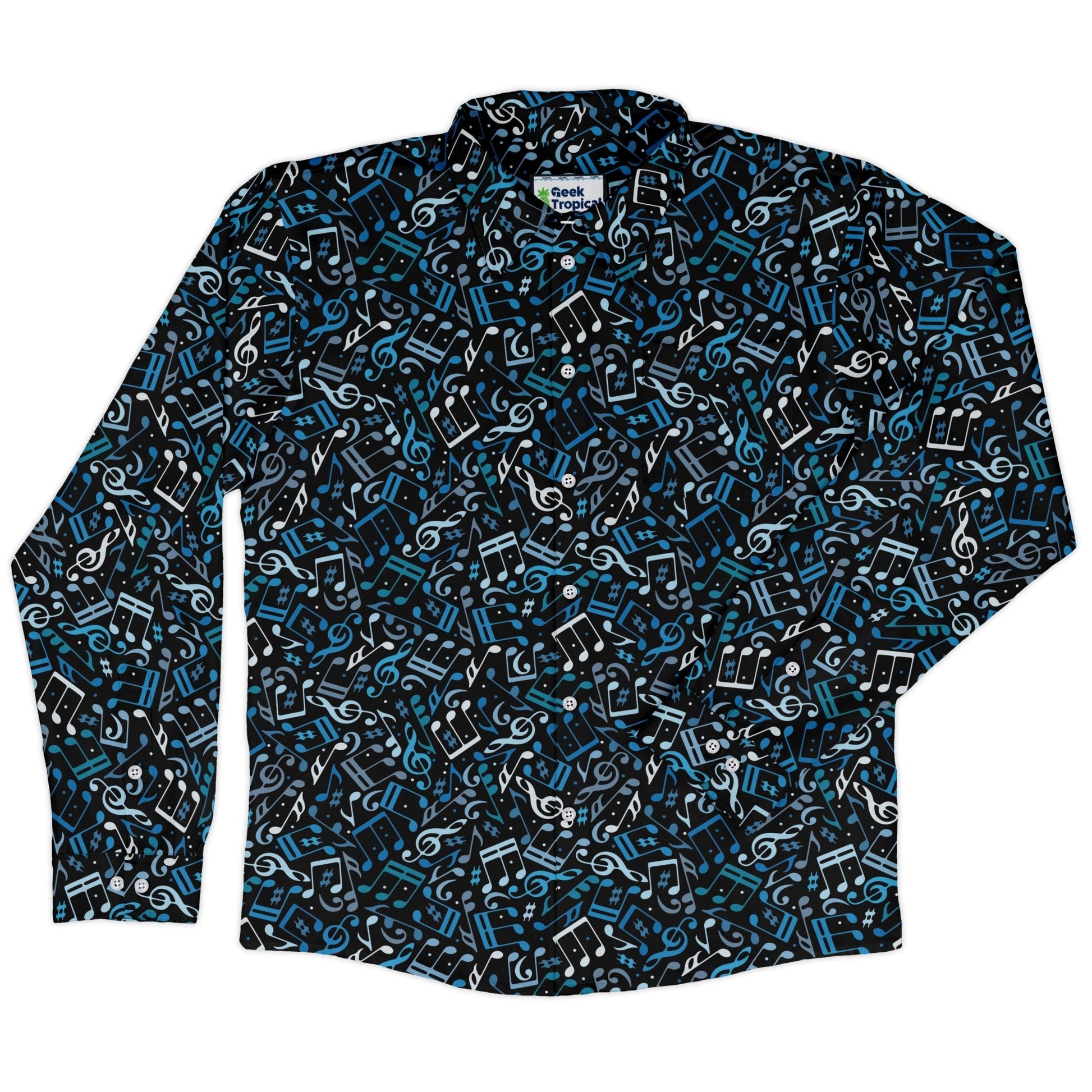 Dotted Blue Musical Notes Black Long Sleeve Button Up Shirt Geek Nerd adult sizing FLOW DESC WRITING lifestyle photo