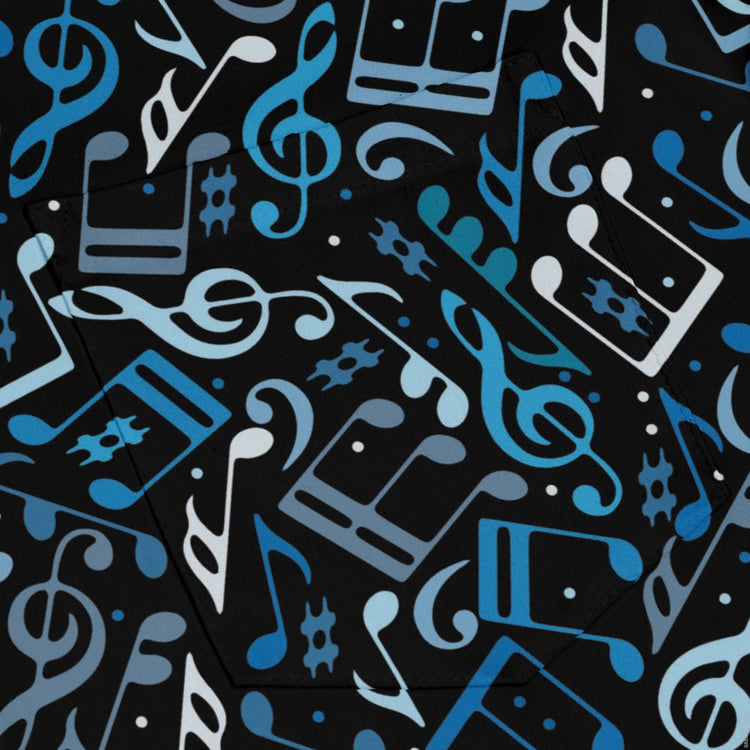 Dotted Blue Musical Notes Black Long Sleeve Button Up Shirt Geek Nerd adult sizing FLOW DESC WRITING lifestyle photo