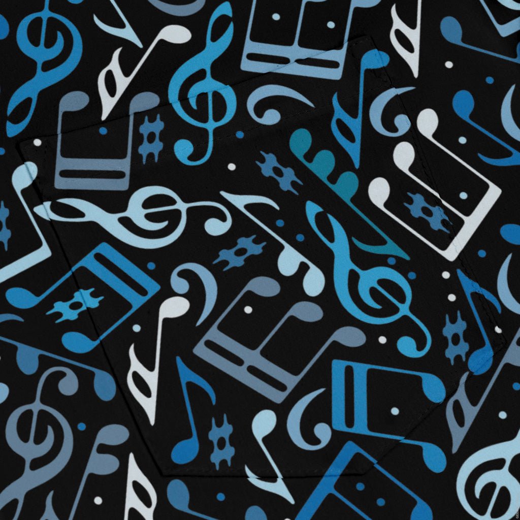 Dotted Blue Musical Notes Black Long Sleeve Button Up Shirt Geek Nerd adult sizing FLOW DESC WRITING lifestyle photo