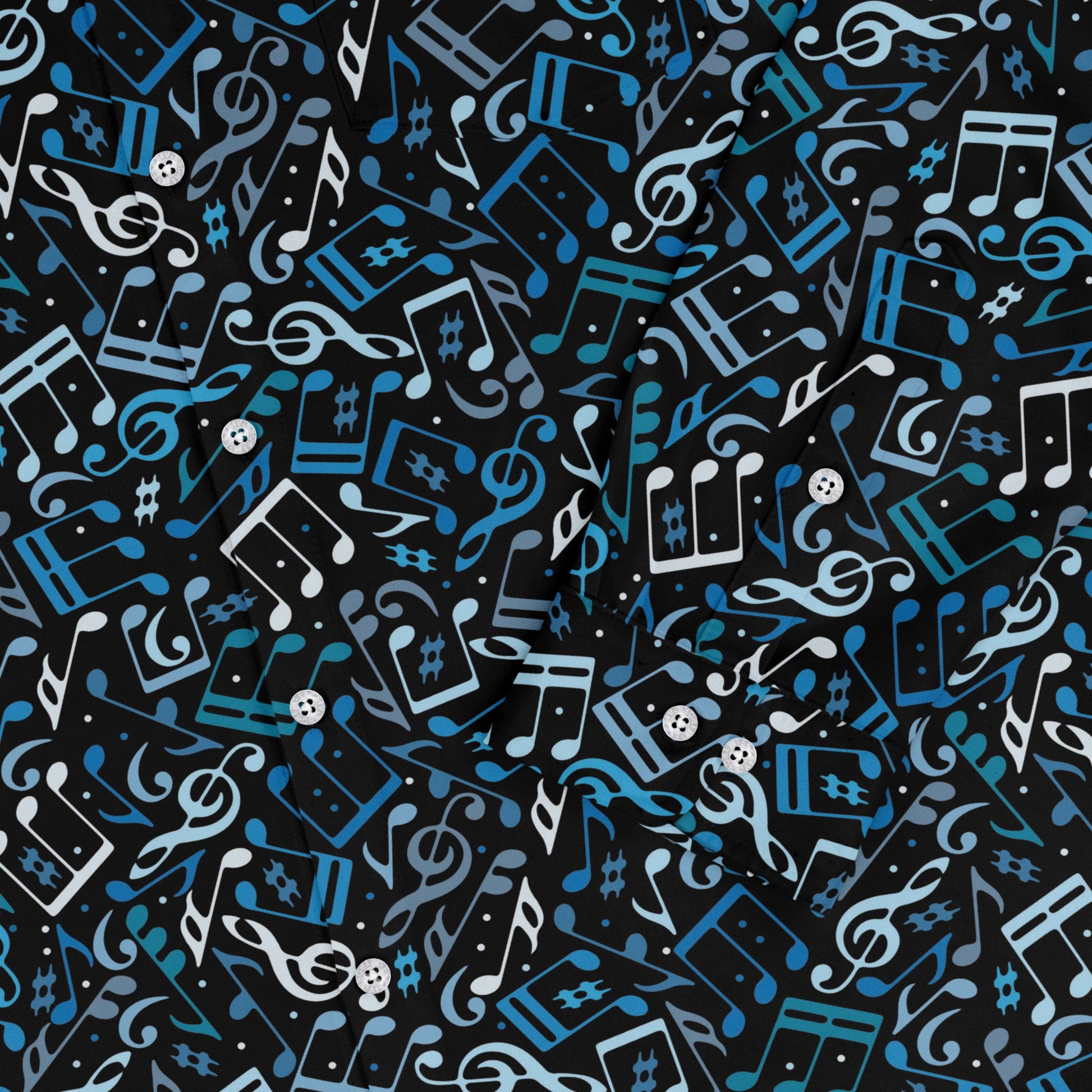 Dotted Blue Musical Notes Black Long Sleeve Button Up Shirt Geek Nerd adult sizing FLOW DESC WRITING lifestyle photo