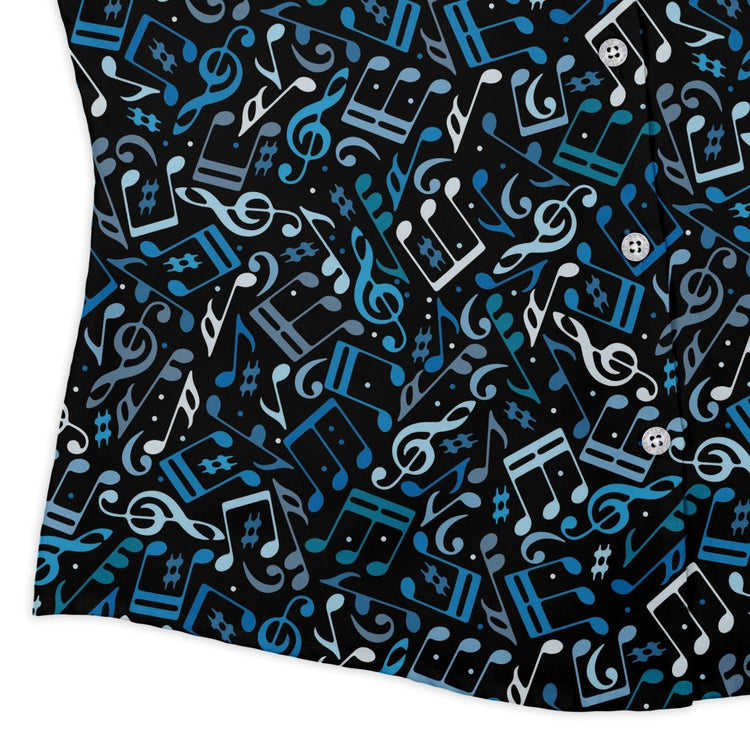 Dotted Blue Musical Notes Black Curvy Button Up Shirt Geek Nerd lifestyle photo music print women