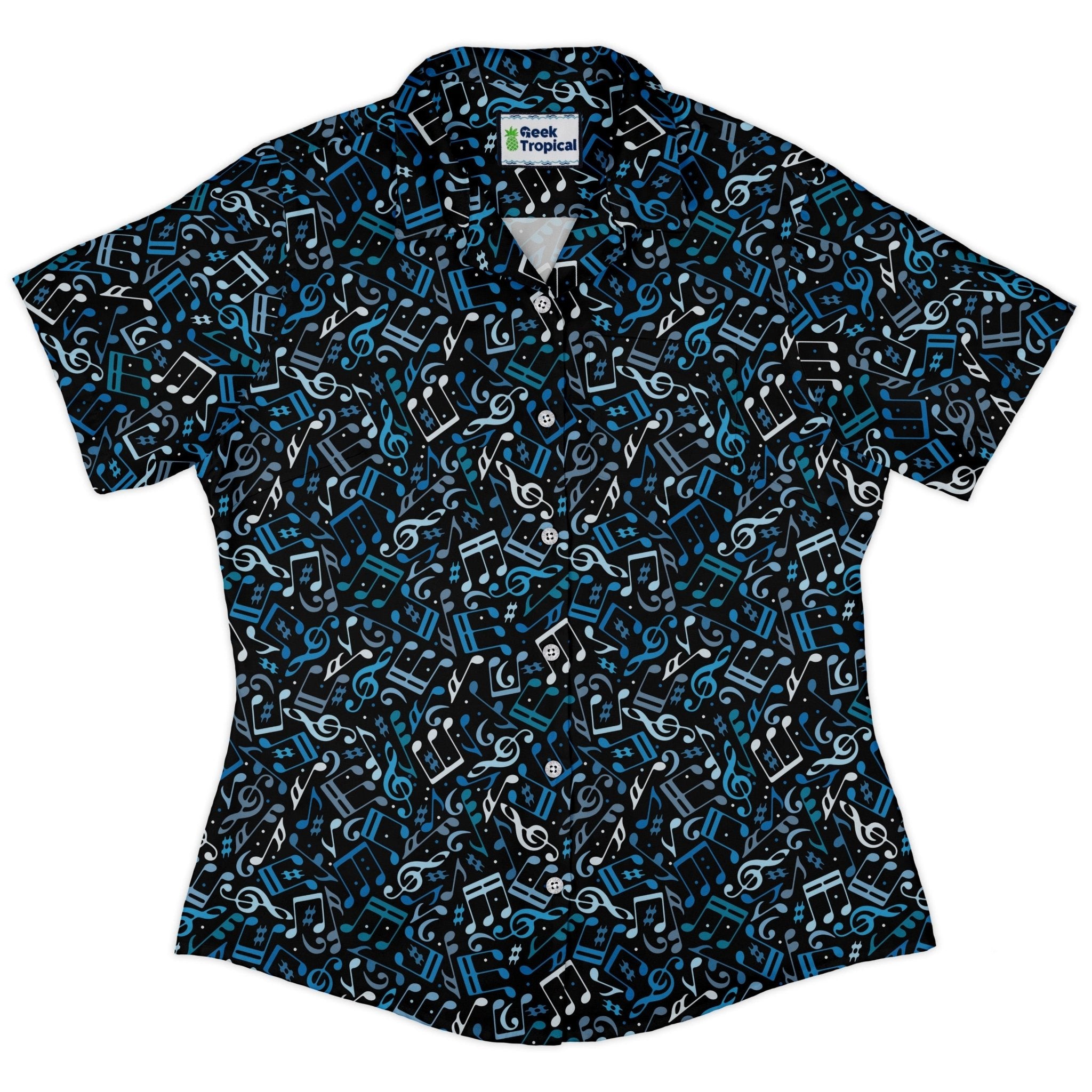 Dotted Blue Musical Notes Black Curvy Button Up Shirt Geek Nerd lifestyle photo music print women