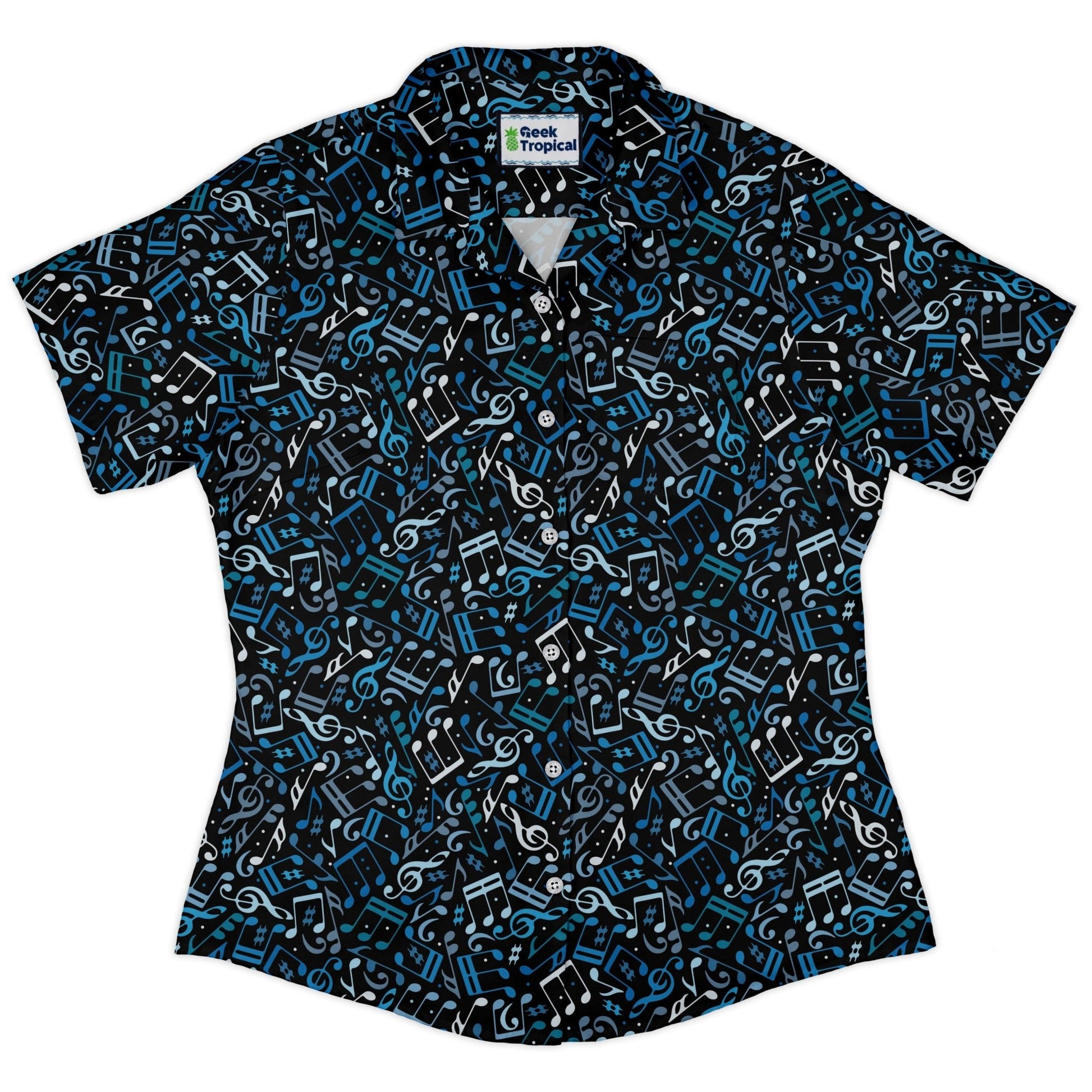 Dotted Blue Musical Notes Black Curvy Button Up Shirt Geek Nerd lifestyle photo music print women