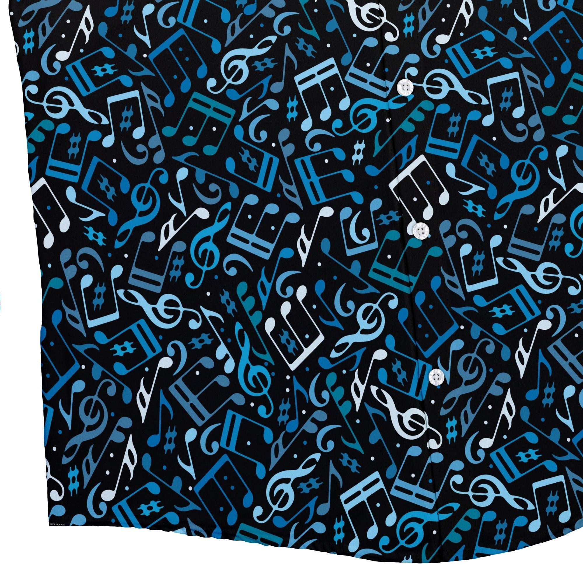 Dotted Blue Musical Notes Black Button Up Shirt - adult sizing - music print -