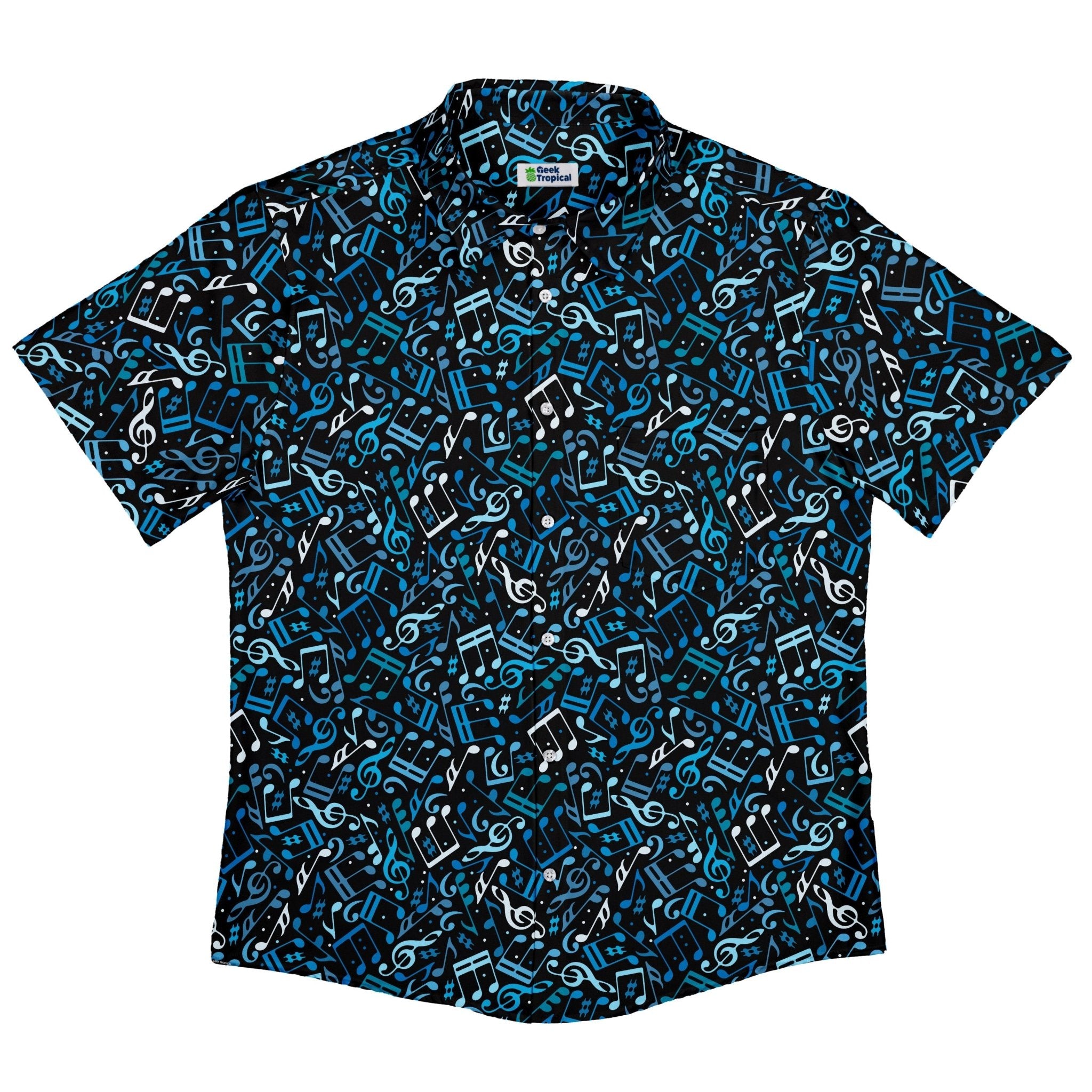 Dotted Blue Musical Notes Black Button Up Shirt - adult sizing - music print -