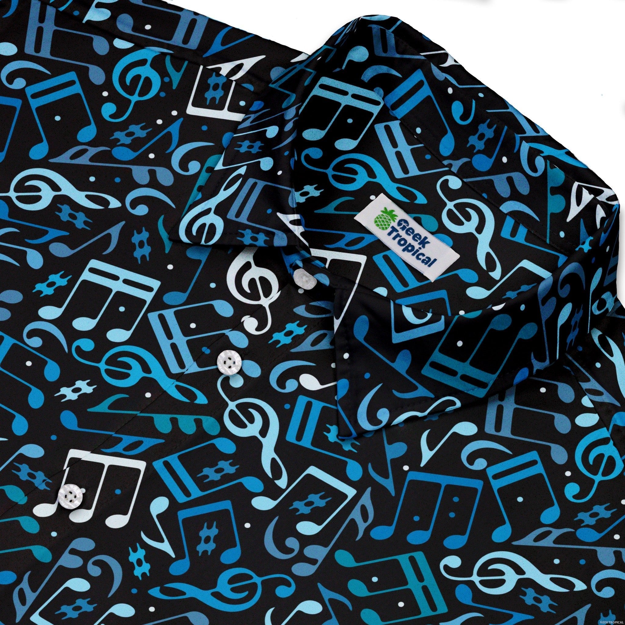 Dotted Blue Musical Notes Black Button Up Shirt - adult sizing - music print -