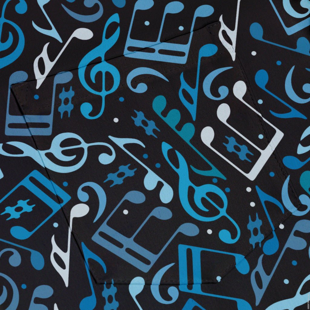 Dotted Blue Musical Notes Black Button Up Shirt - adult sizing - music print -