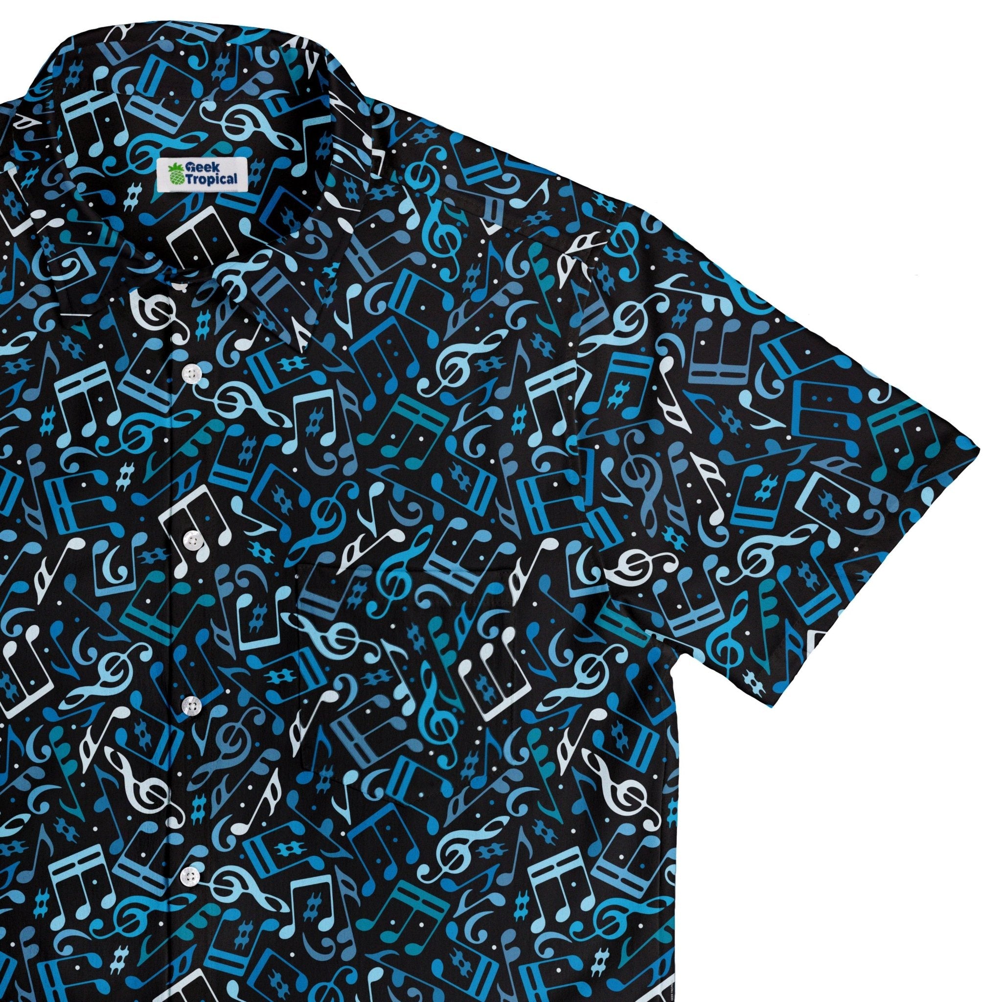 Dotted Blue Musical Notes Black Button Up Shirt - adult sizing - music print -