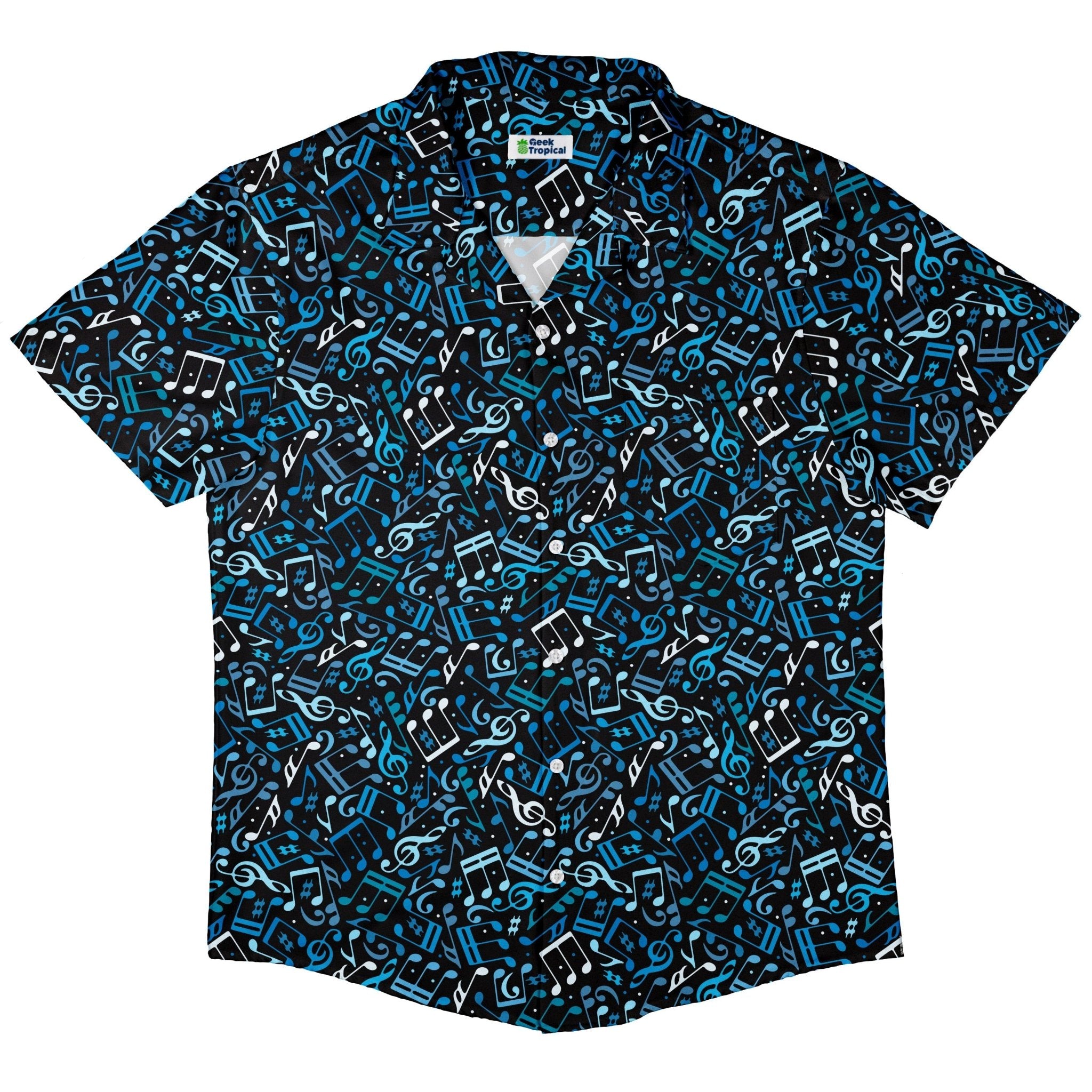 Dotted Blue Musical Notes Black Button Up Shirt - adult sizing - music print -