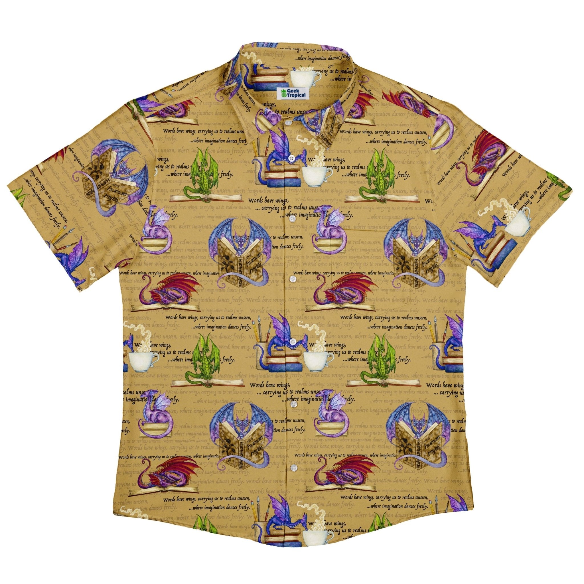 Dragon Bookworm Button Up Shirt - adult sizing - Book Prints - Design by Amy Brown