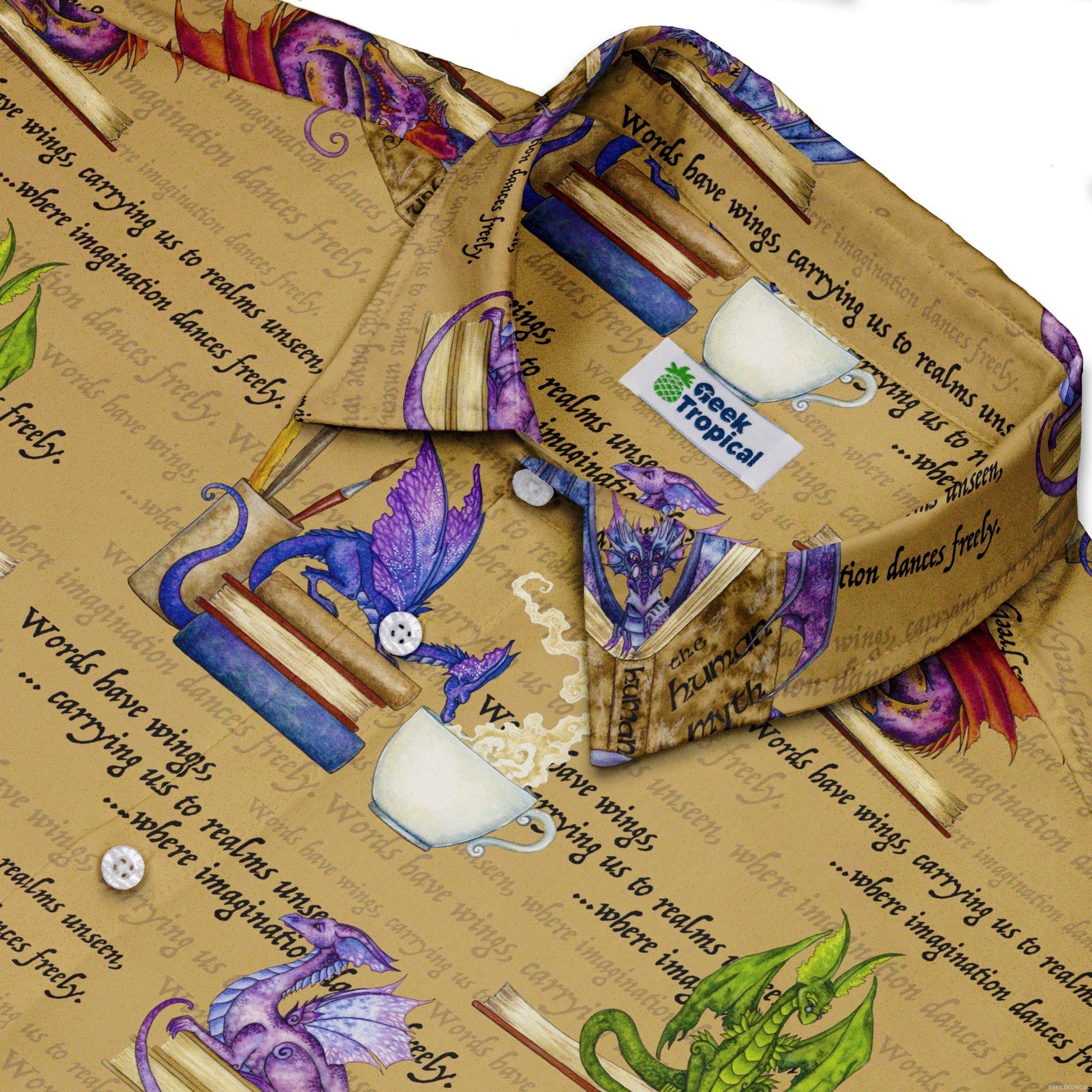 Dragon Bookworm Button Up Shirt - adult sizing - Book Prints - Design by Amy Brown