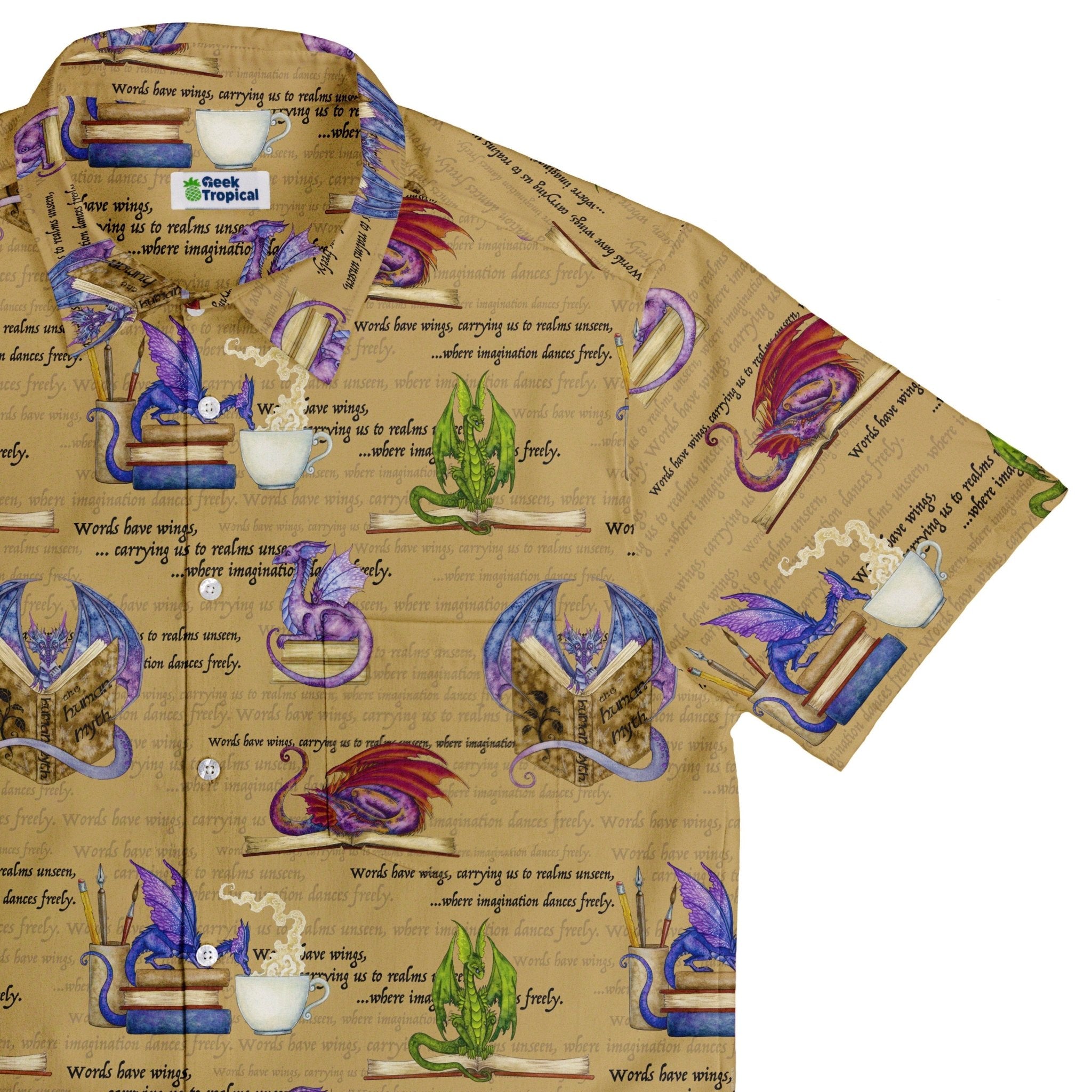 Dragon Bookworm Button Up Shirt - adult sizing - Book Prints - Design by Amy Brown