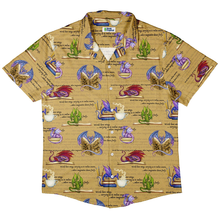 Dragon Bookworm Button Up Shirt - adult sizing - Book Prints - Design by Amy Brown