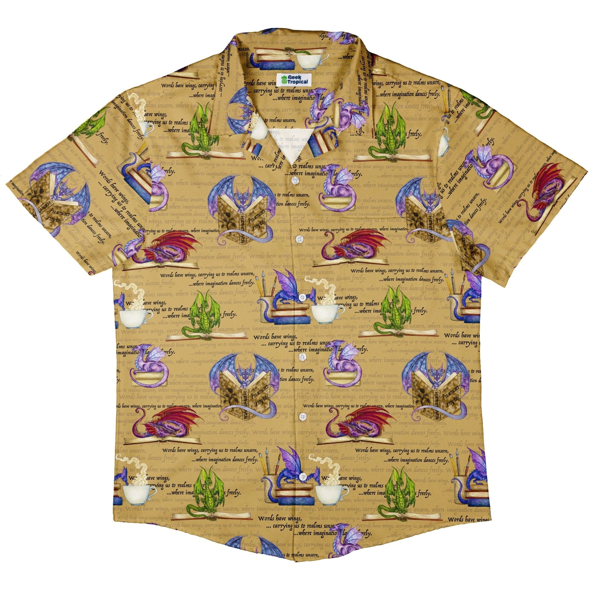 Dragon Bookworm Button Up Shirt - adult sizing - Book Prints - Design by Amy Brown