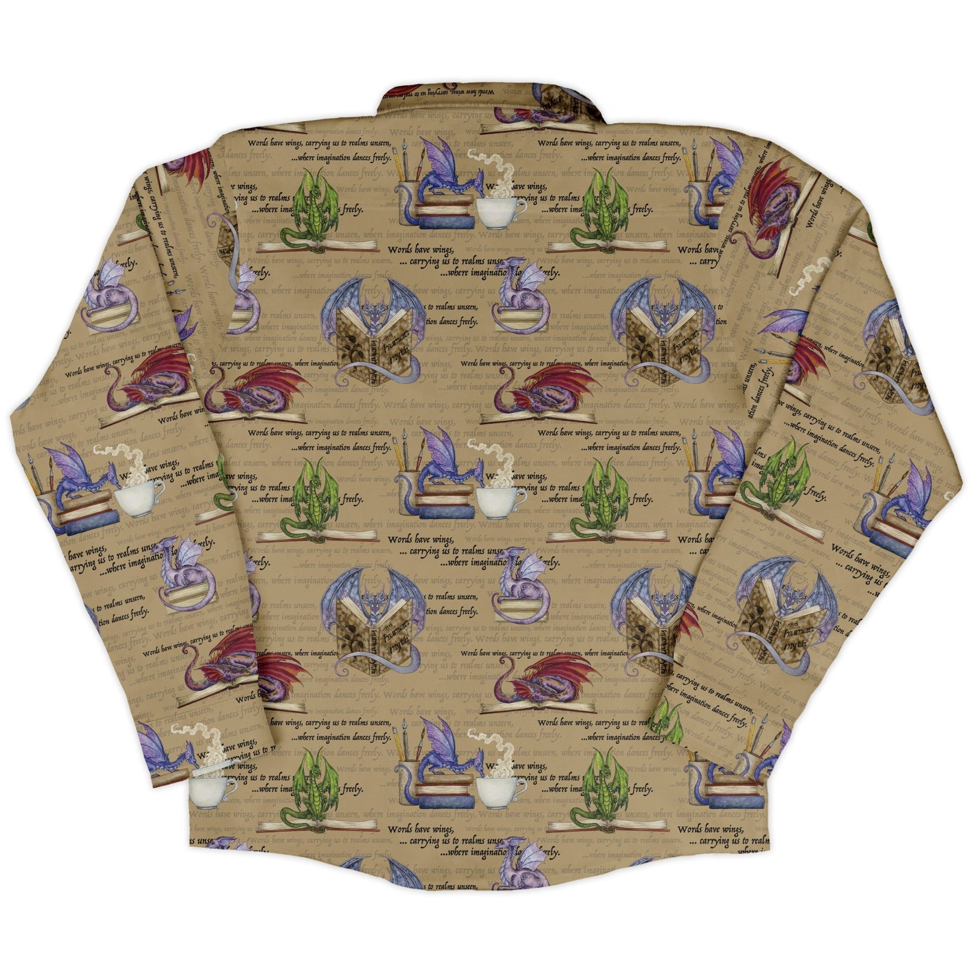 Dragon Bookworm Long Sleeve Button Up Shirt Geek Nerd adult sizing Book Prints Design by Amy Brown