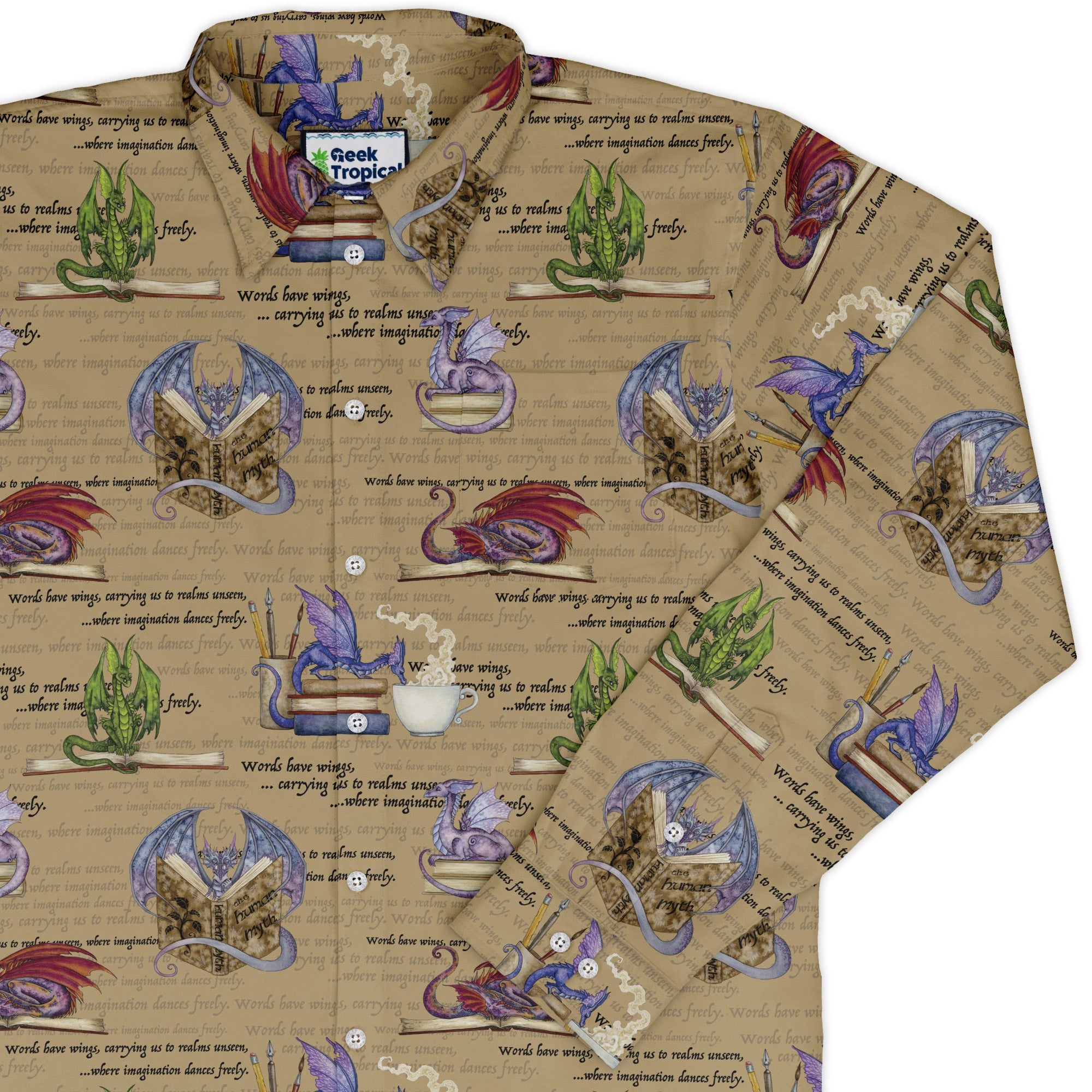 Dragon Bookworm Long Sleeve Button Up Shirt Geek Nerd adult sizing Book Prints Design by Amy Brown