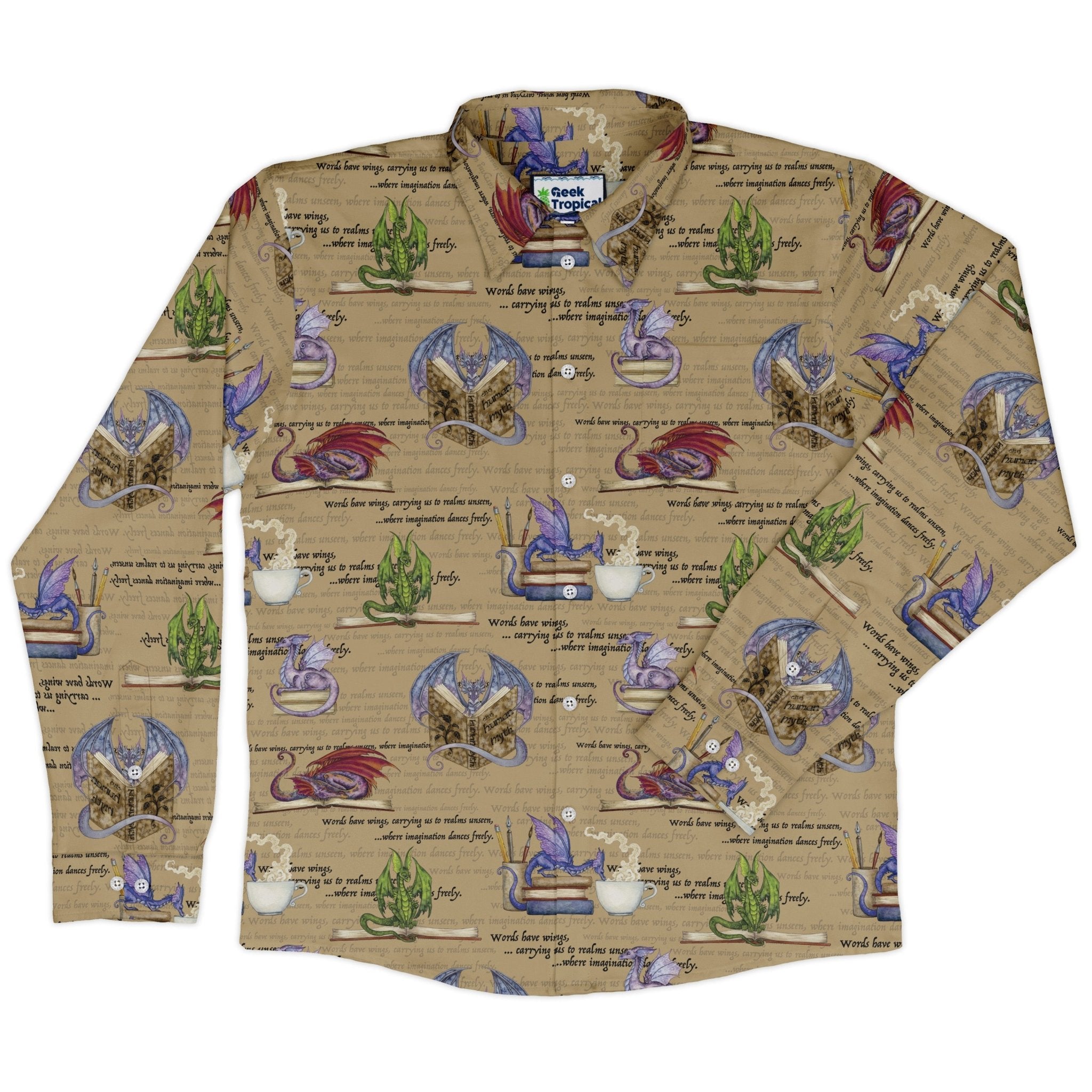 Dragon Bookworm Long Sleeve Button Up Shirt Geek Nerd adult sizing Book Prints Design by Amy Brown