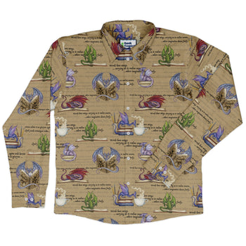 Dragon Bookworm Long Sleeve Button Up Shirt Geek Nerd adult sizing Book Prints Design by Amy Brown