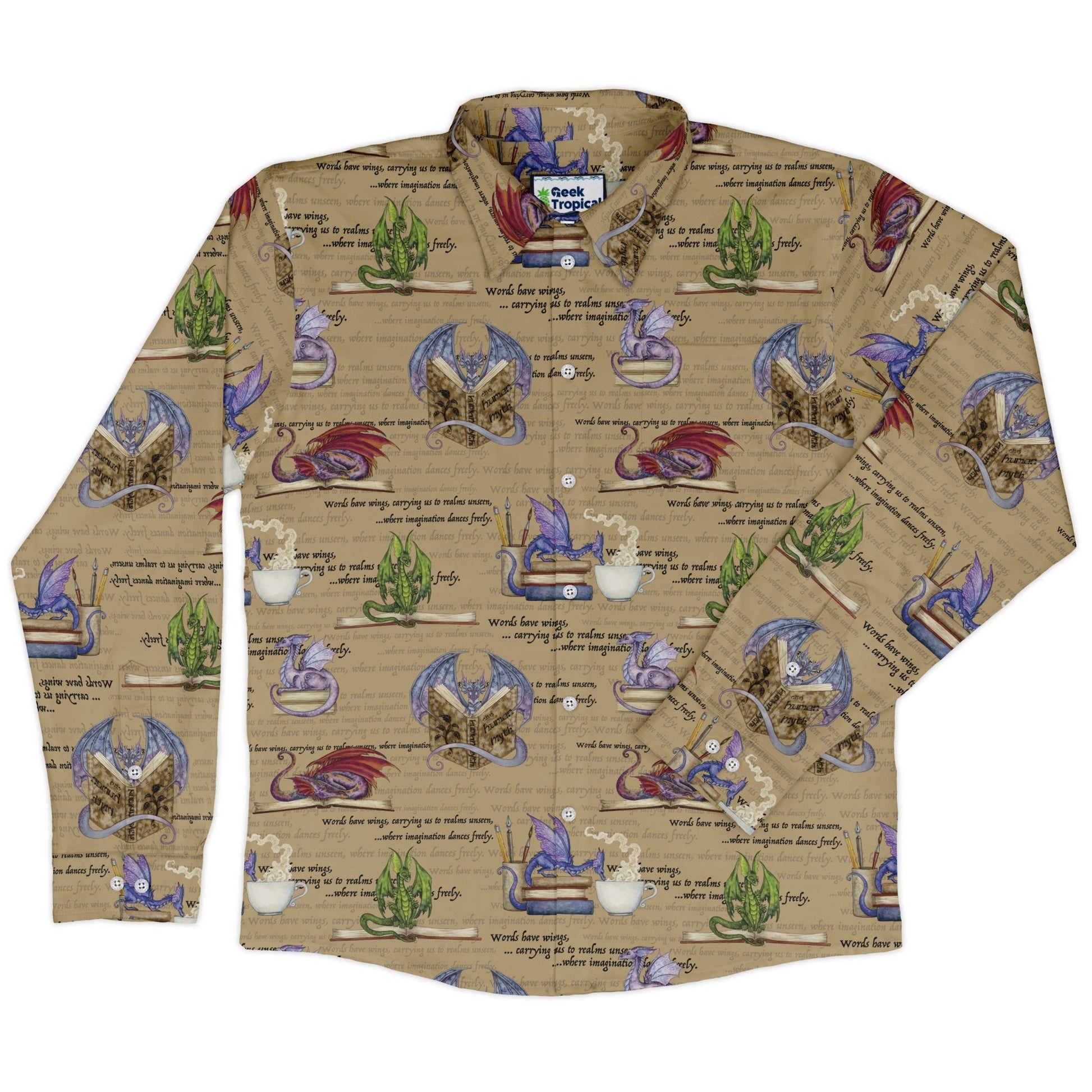 Dragon Bookworm Long Sleeve Button Up Shirt Geek Nerd adult sizing Book Prints Design by Amy Brown