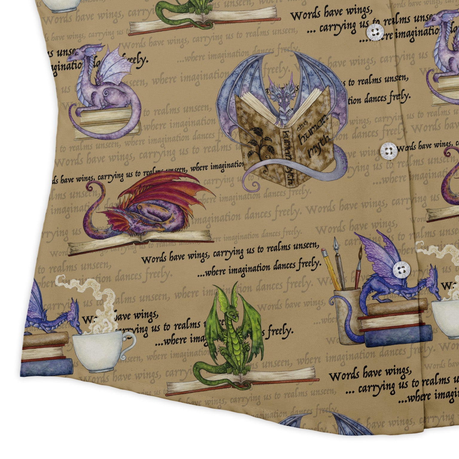 Dragon Bookworm Curvy Button Up Shirt Geek Nerd Book Prints Design by Amy Brown Fantasy Prints