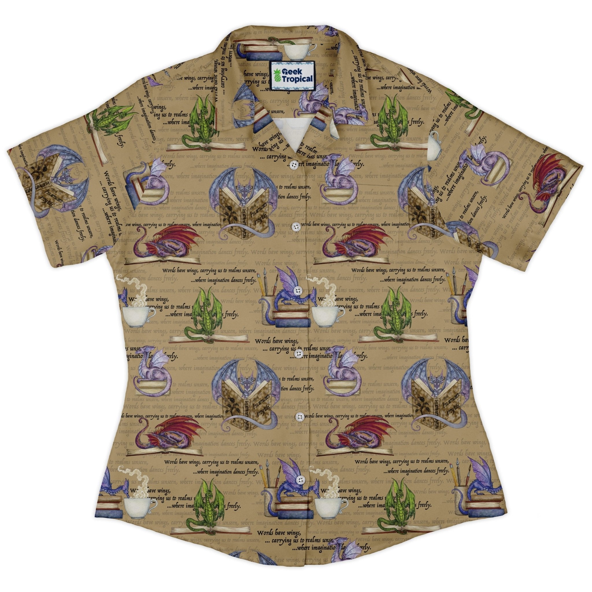 Dragon Bookworm Curvy Button Up Shirt Geek Nerd Book Prints Design by Amy Brown Fantasy Prints