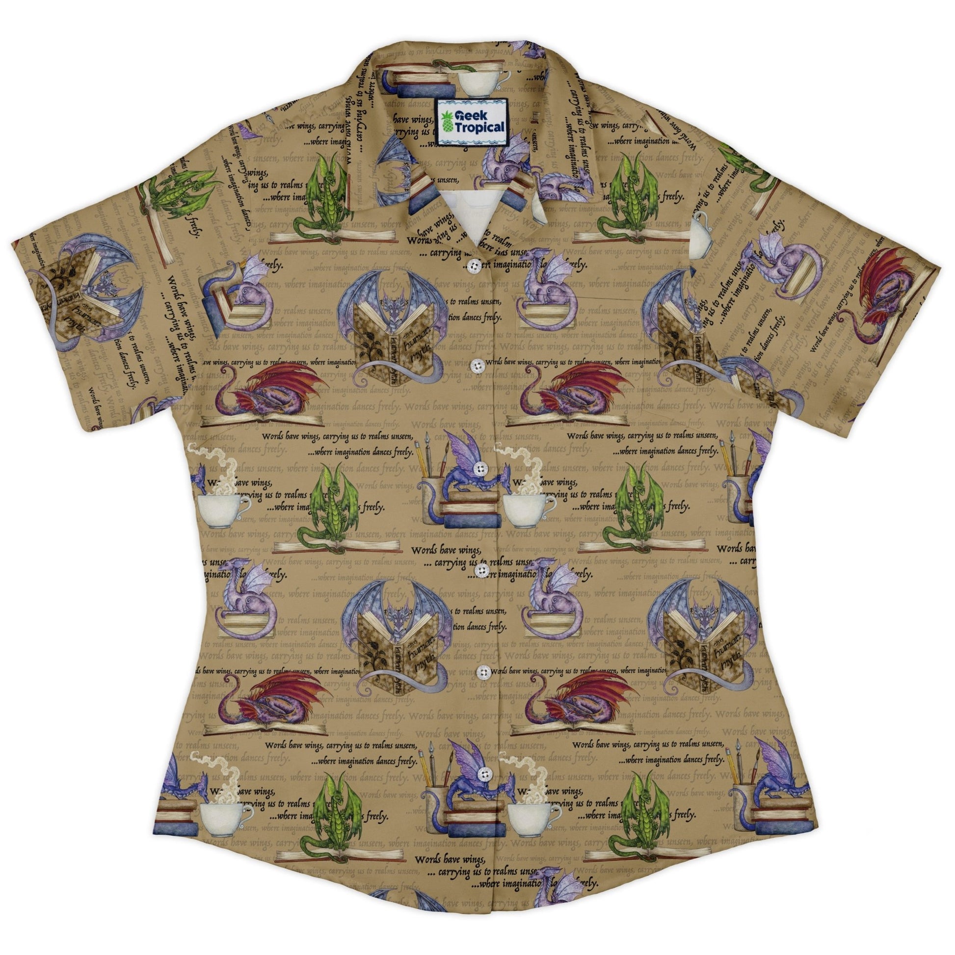 Dragon Bookworm Curvy Button Up Shirt Geek Nerd Book Prints Design by Amy Brown Fantasy Prints