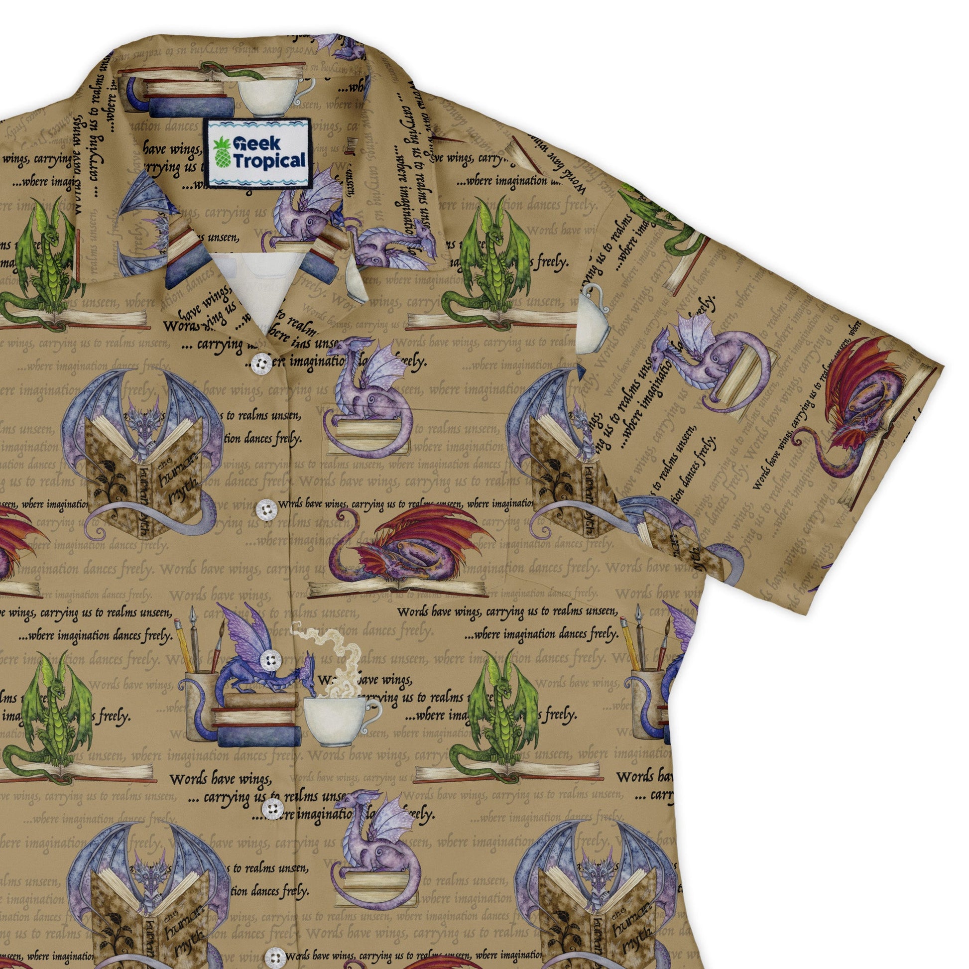 Dragon Bookworm Curvy Button Up Shirt Geek Nerd Book Prints Design by Amy Brown Fantasy Prints